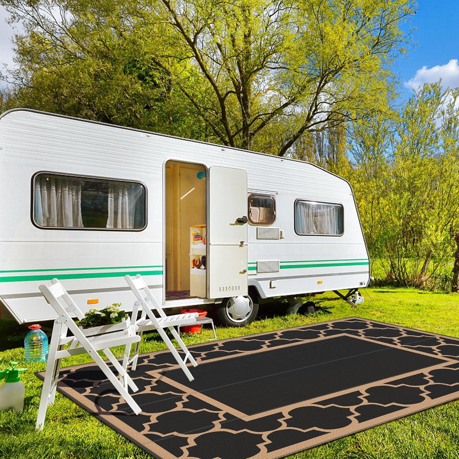 imageGENIMO 5 x 8 Outdoor Rug Waterproof for Patio Decor Foldable Reversible Plastic Straw Area Rugs Mat for Camper Outside Carpet for Rv Deck Porch Picnic Beach Balcony Blue ampamp WhiteBlackbrown