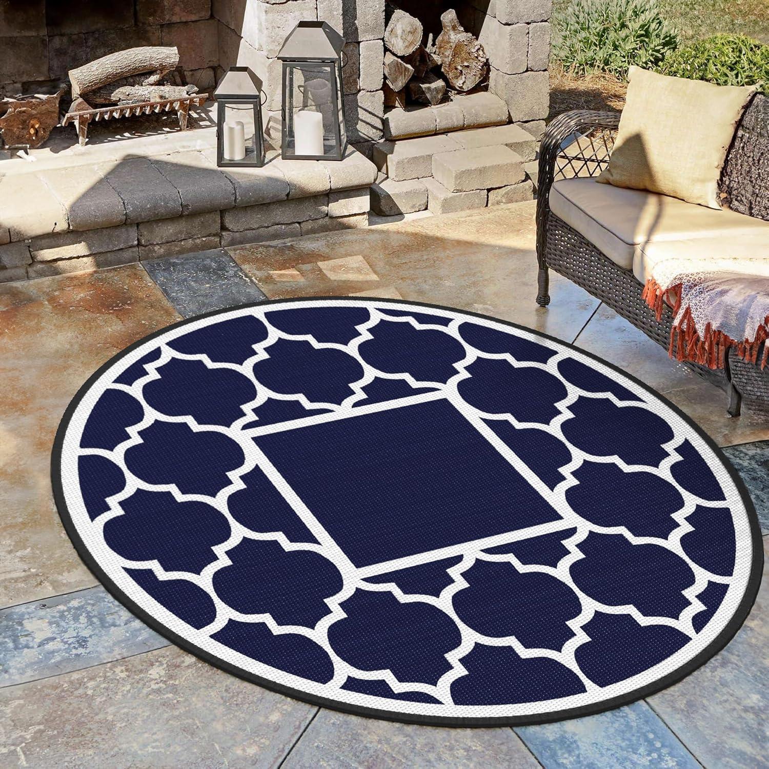 imageGENIMO 5 x 8 Outdoor Rug Waterproof for Patio Decor Foldable Reversible Plastic Straw Area Rugs Mat for Camper Outside Carpet for Rv Deck Porch Picnic Beach Balcony Blue ampamp WhiteNavy Blue White