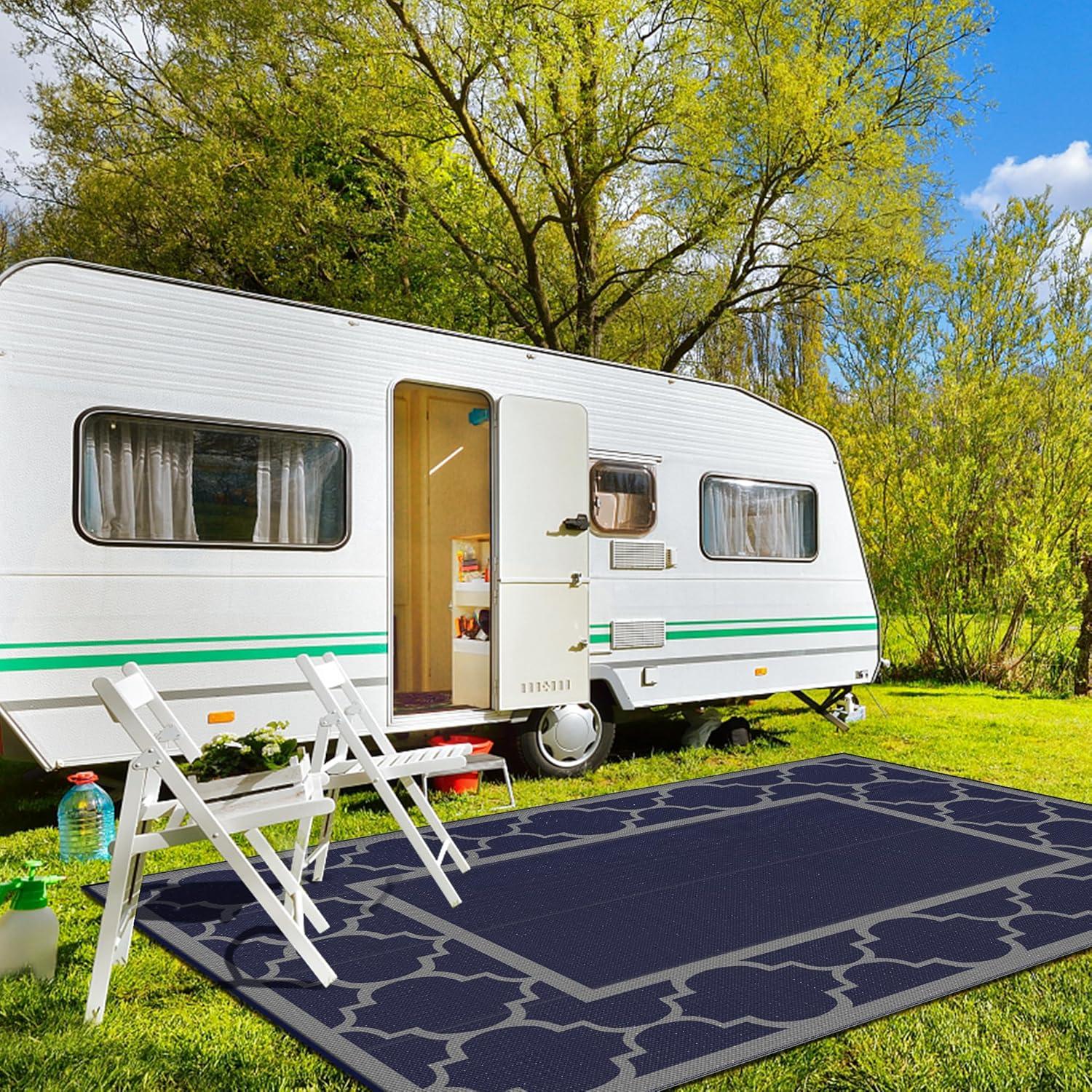 imageGENIMO 5 x 8 Outdoor Rug Waterproof for Patio Decor Foldable Reversible Plastic Straw Area Rugs Mat for Camper Outside Carpet for Rv Deck Porch Picnic Beach Balcony Blue ampamp WhiteBlue Grey
