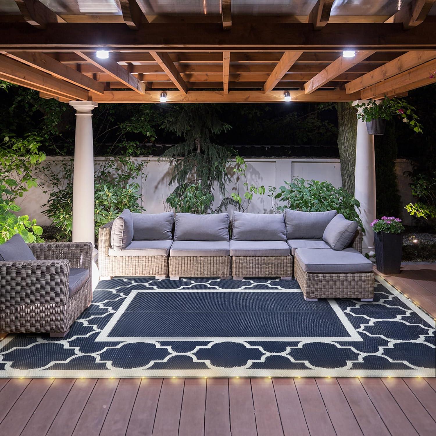 imageGENIMO 5 x 8 Outdoor Rug Waterproof for Patio Decor Foldable Reversible Plastic Straw Area Rugs Mat for Camper Outside Carpet for Rv Deck Porch Picnic Beach Balcony Blue ampamp WhiteBlue White Led