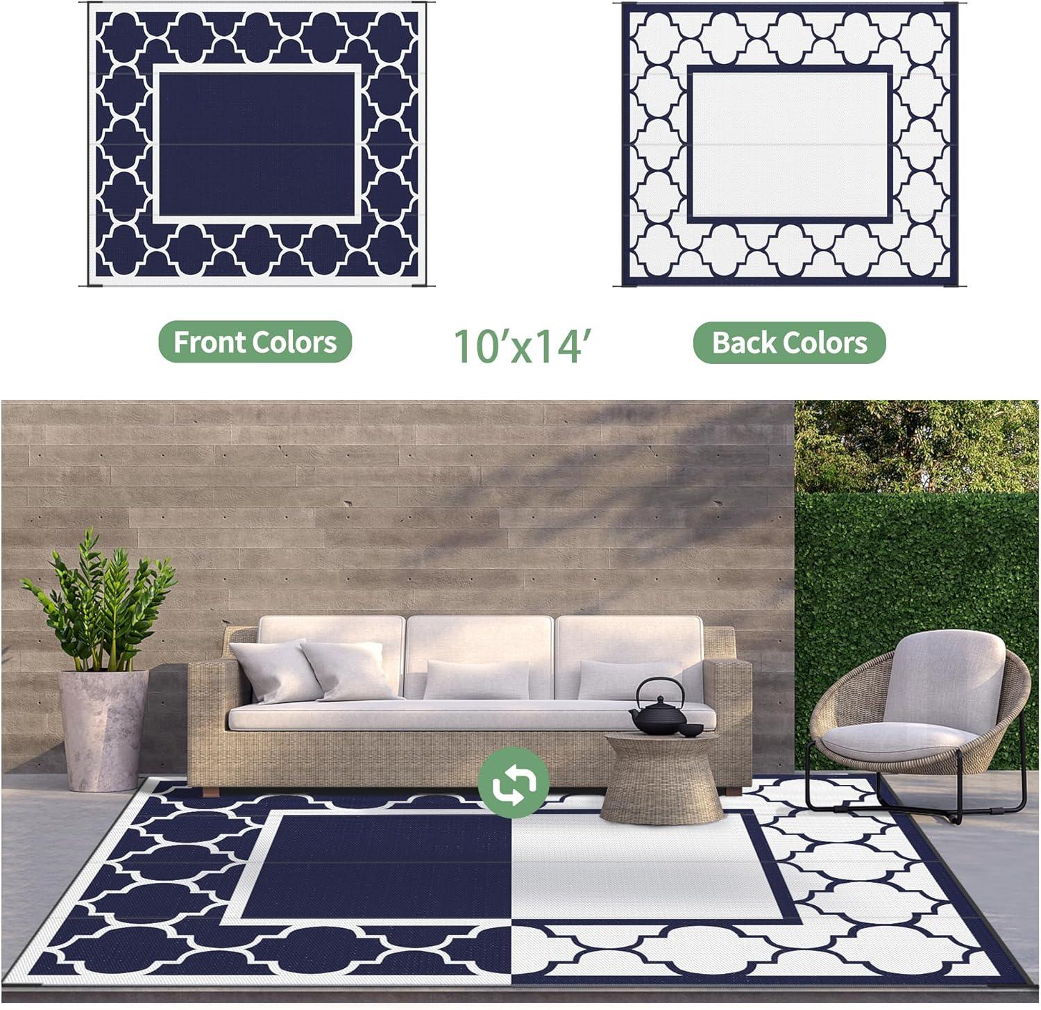 imageGENIMO 5 x 8 Outdoor Rug Waterproof for Patio Decor Foldable Reversible Plastic Straw Area Rugs Mat for Camper Outside Carpet for Rv Deck Porch Picnic Beach Balcony Blue ampamp WhiteNavy Blue White