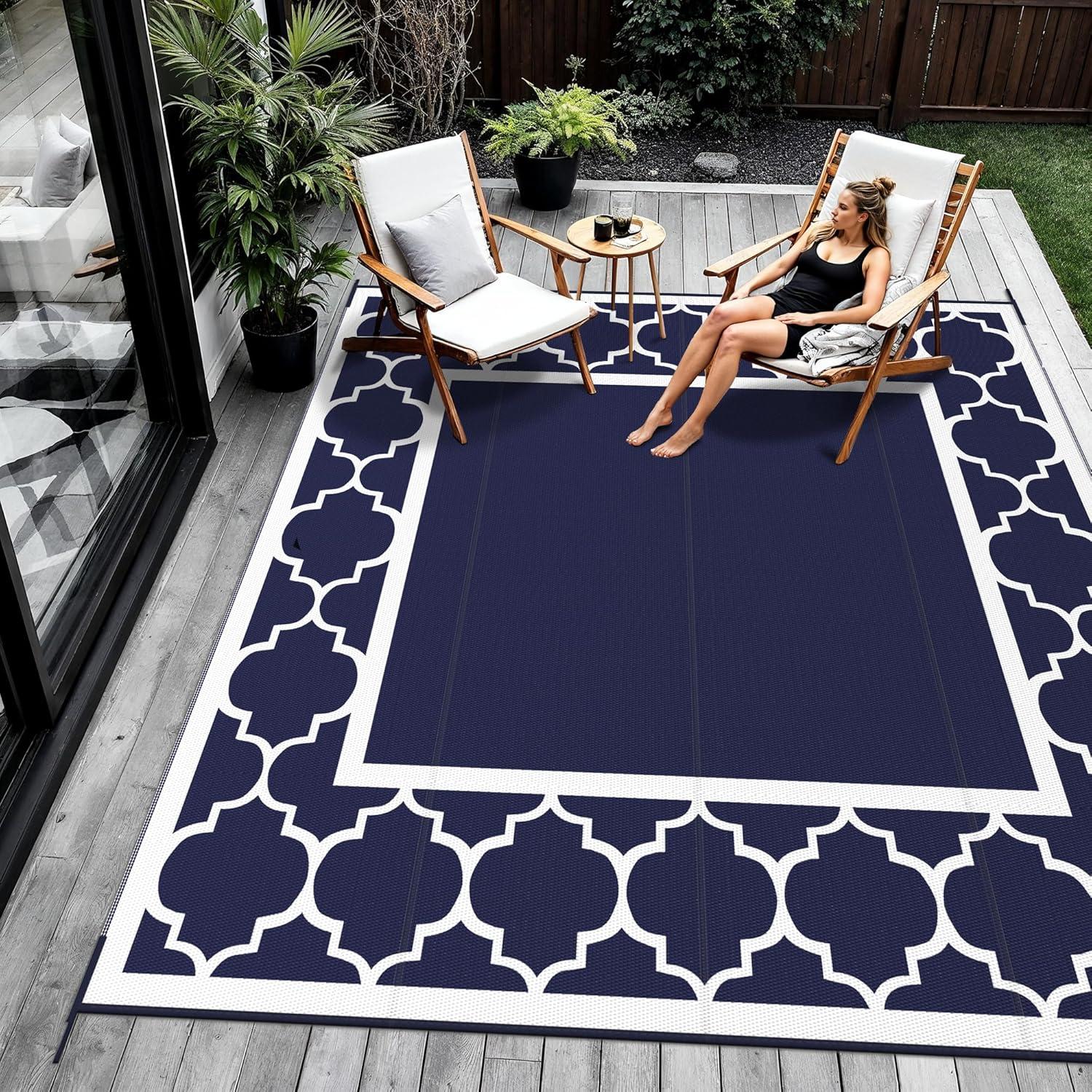 imageGENIMO 5 x 8 Outdoor Rug Waterproof for Patio Decor Foldable Reversible Plastic Straw Area Rugs Mat for Camper Outside Carpet for Rv Deck Porch Picnic Beach Balcony Blue ampamp WhiteNavy Blue White