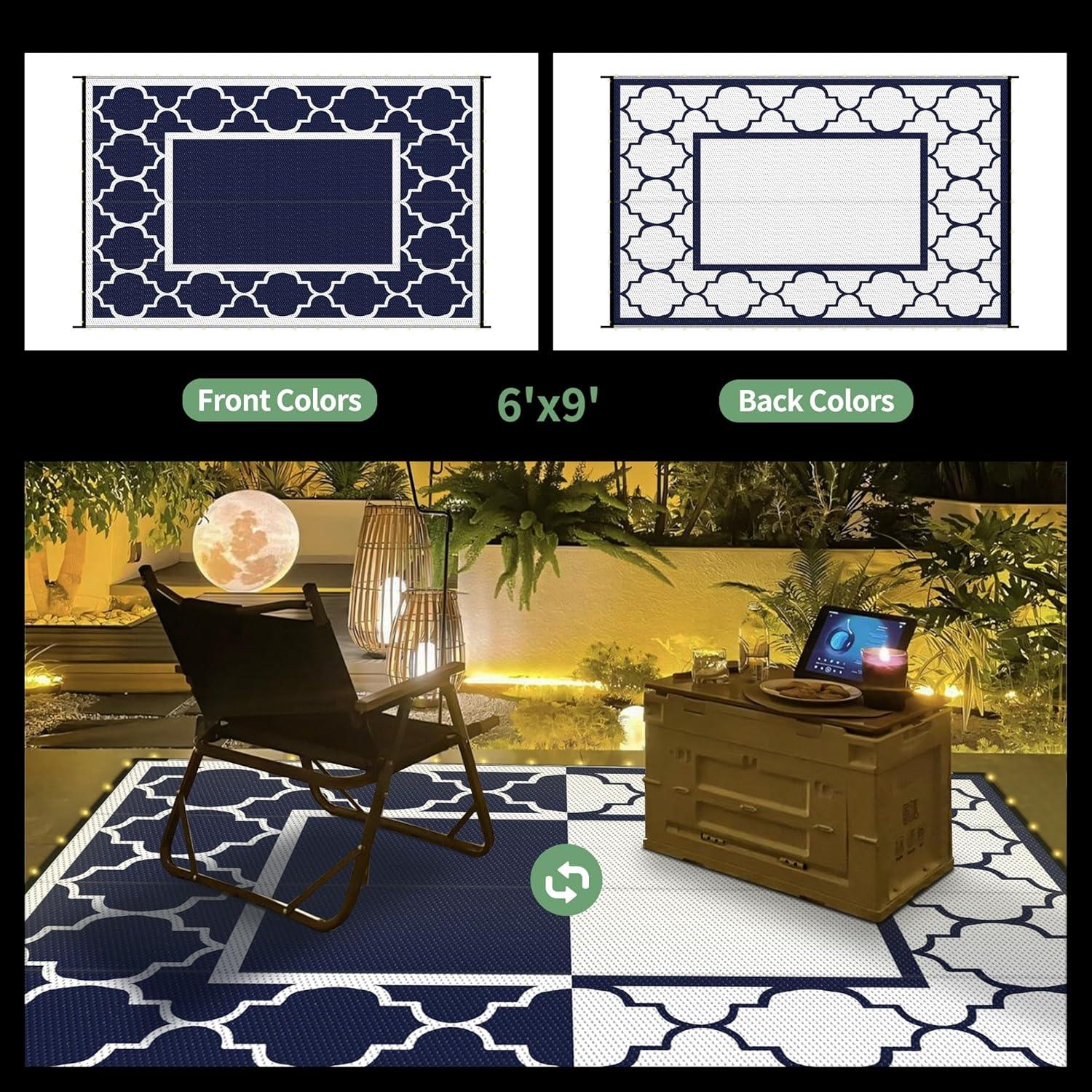 imageGENIMO 5 x 8 Outdoor Rug Waterproof for Patio Decor Foldable Reversible Plastic Straw Area Rugs Mat for Camper Outside Carpet for Rv Deck Porch Picnic Beach Balcony Blue ampamp WhiteBlue White Led