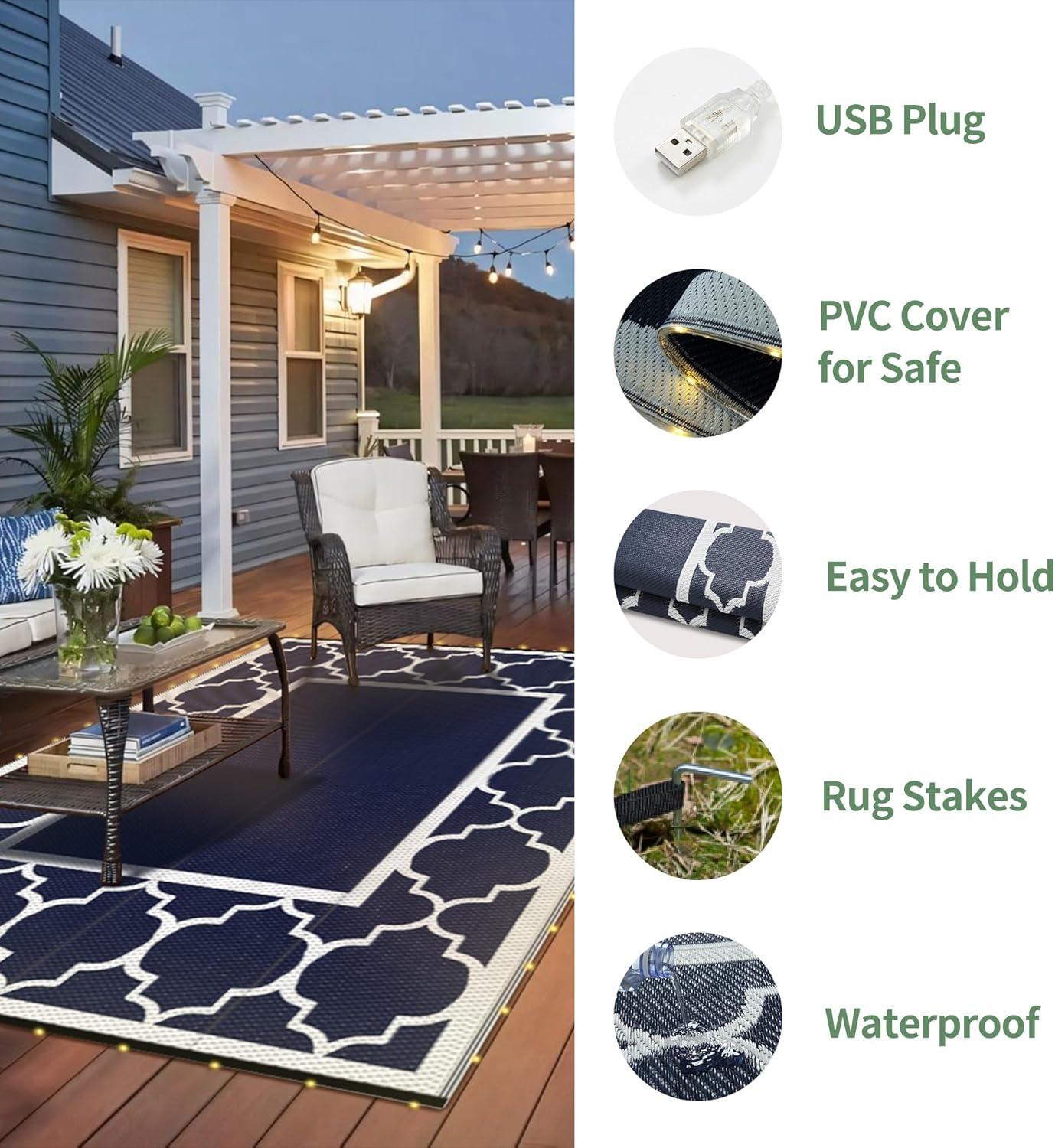 imageGENIMO 5 x 8 Outdoor Rug Waterproof for Patio Decor Foldable Reversible Plastic Straw Area Rugs Mat for Camper Outside Carpet for Rv Deck Porch Picnic Beach Balcony Blue ampamp WhiteBlue White Led