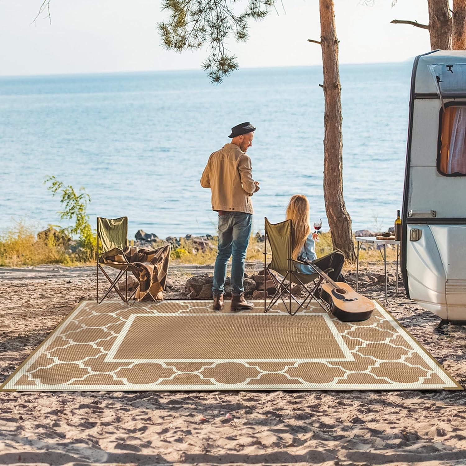 imageGENIMO 5 x 8 Outdoor Rug Waterproof for Patio Decor Foldable Reversible Plastic Straw Area Rugs Mat for Camper Outside Carpet for Rv Deck Porch Picnic Beach Balcony Blue ampamp WhiteBrownbeige