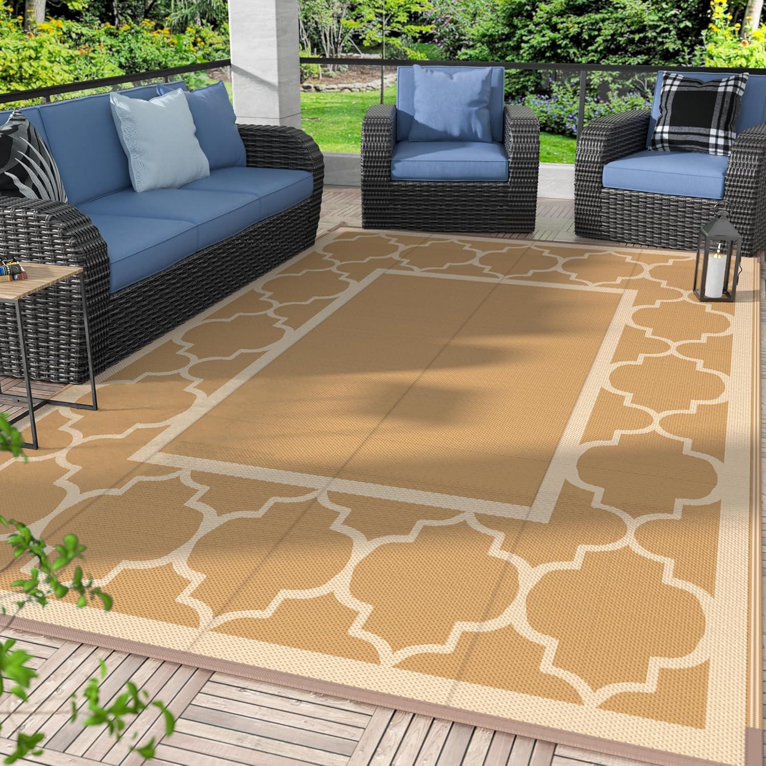 imageGENIMO 5 x 8 Outdoor Rug Waterproof for Patio Decor Foldable Reversible Plastic Straw Area Rugs Mat for Camper Outside Carpet for Rv Deck Porch Picnic Beach Balcony Blue ampamp WhiteBrownbeige