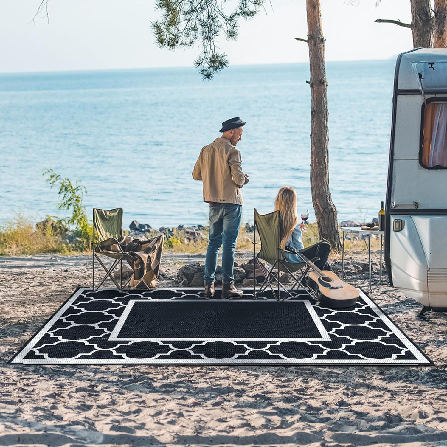 imageGENIMO 5 x 8 Outdoor Rug Waterproof for Patio Decor Foldable Reversible Plastic Straw Area Rugs Mat for Camper Outside Carpet for Rv Deck Porch Picnic Beach Balcony Blue ampamp WhiteBlackwhite