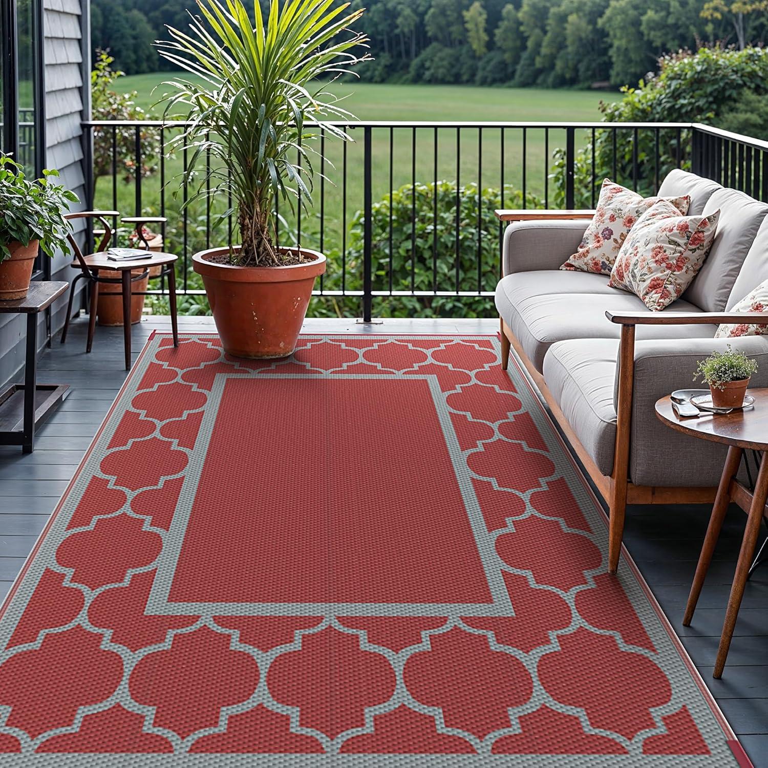 imageGENIMO 5 x 8 Outdoor Rug Waterproof for Patio Decor Foldable Reversible Plastic Straw Area Rugs Mat for Camper Outside Carpet for Rv Deck Porch Picnic Beach Balcony Blue ampamp WhiteRed Grey
