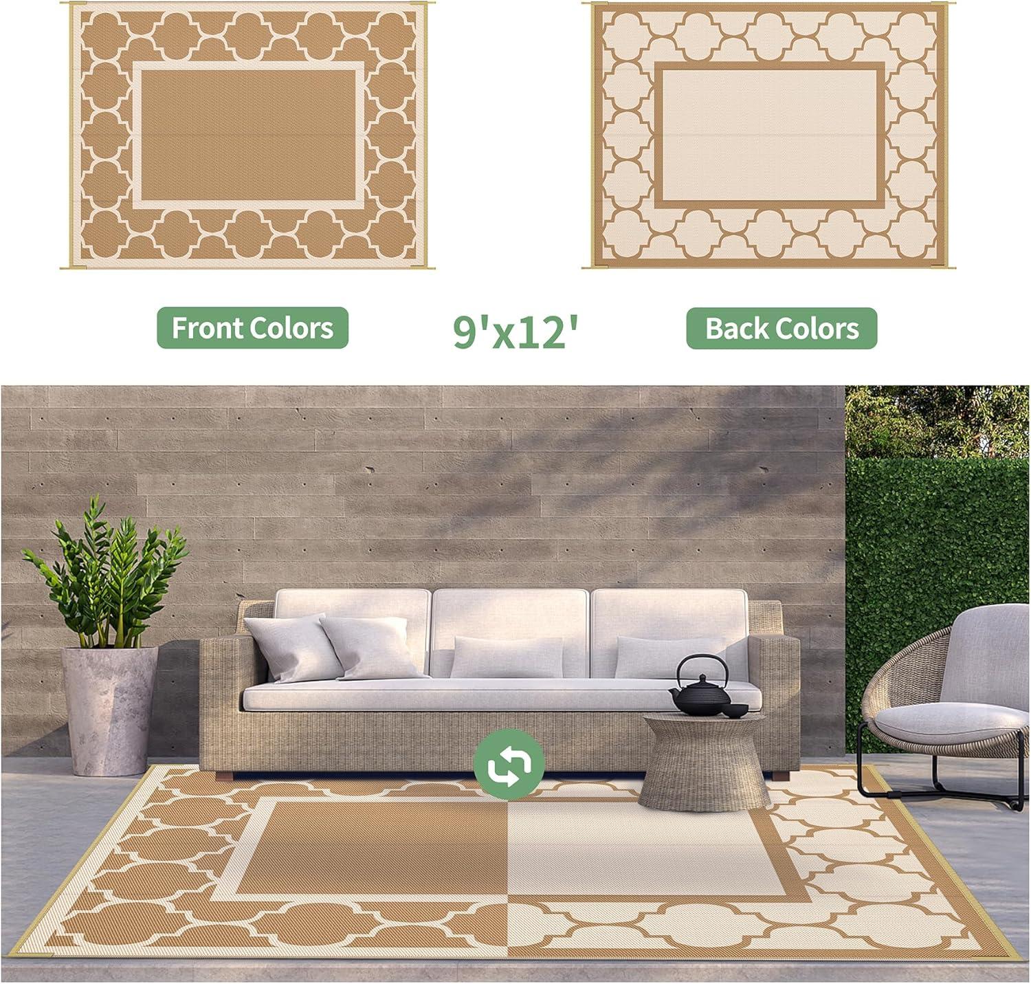 imageGENIMO 5 x 8 Outdoor Rug Waterproof for Patio Decor Foldable Reversible Plastic Straw Area Rugs Mat for Camper Outside Carpet for Rv Deck Porch Picnic Beach Balcony Blue ampamp WhiteBrownbeige