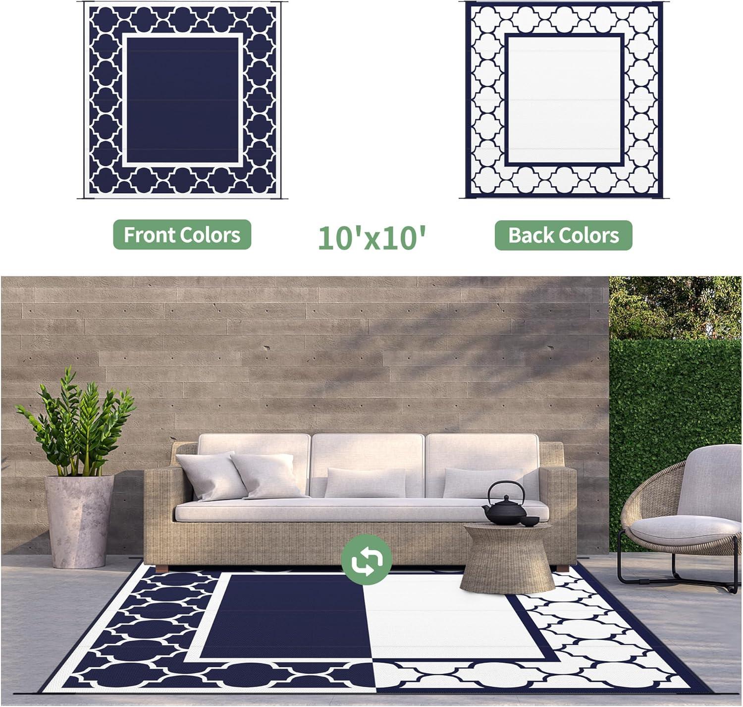 imageGENIMO 5 x 8 Outdoor Rug Waterproof for Patio Decor Foldable Reversible Plastic Straw Area Rugs Mat for Camper Outside Carpet for Rv Deck Porch Picnic Beach Balcony Blue ampamp WhiteNavy Blue White