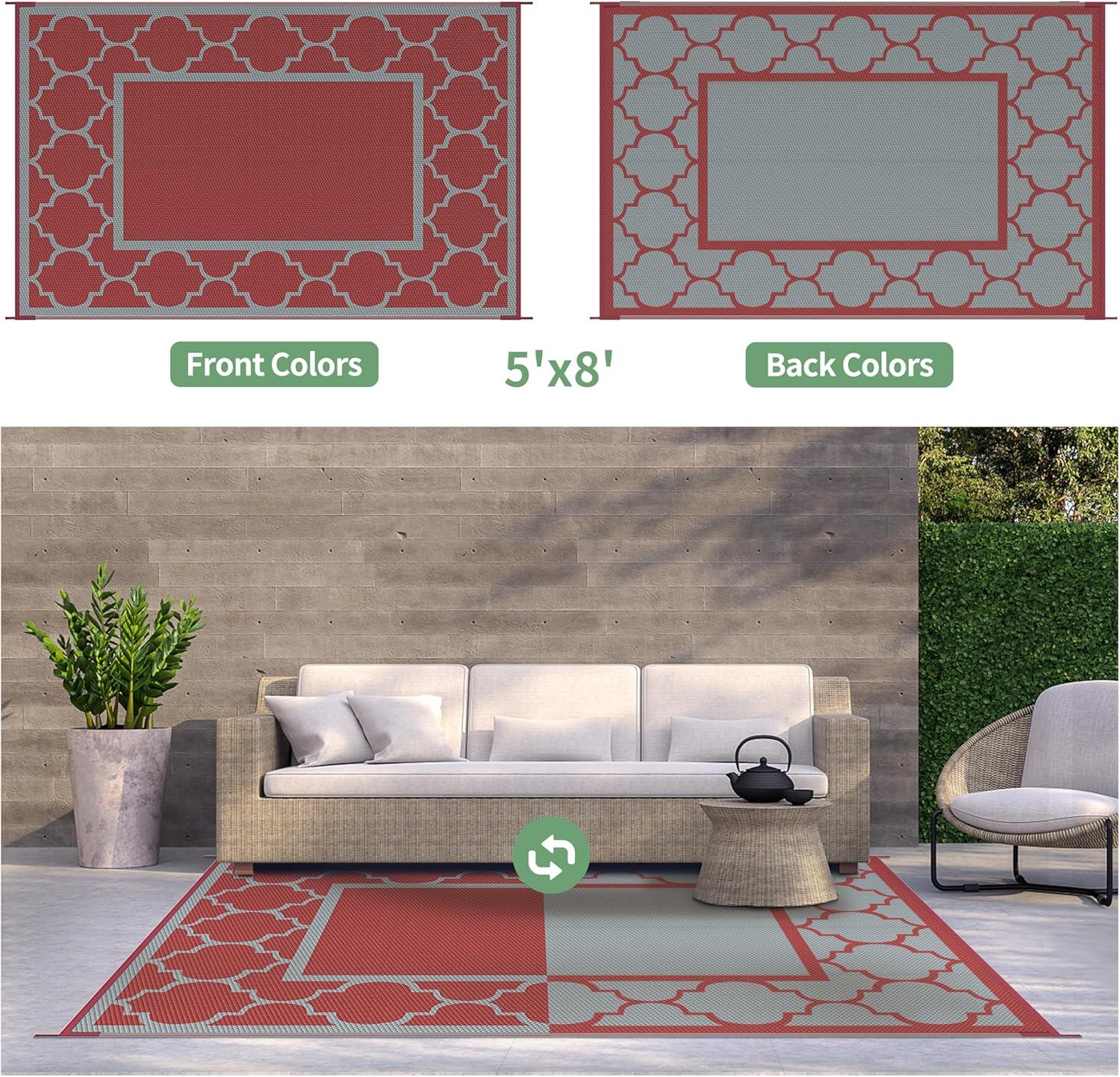 imageGENIMO 5 x 8 Outdoor Rug Waterproof for Patio Decor Foldable Reversible Plastic Straw Area Rugs Mat for Camper Outside Carpet for Rv Deck Porch Picnic Beach Balcony Blue ampamp WhiteRed Grey