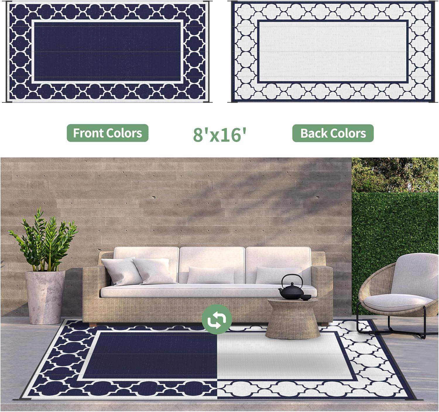 imageGENIMO 5 x 8 Outdoor Rug Waterproof for Patio Decor Foldable Reversible Plastic Straw Area Rugs Mat for Camper Outside Carpet for Rv Deck Porch Picnic Beach Balcony Blue ampamp WhiteNavy Blue White