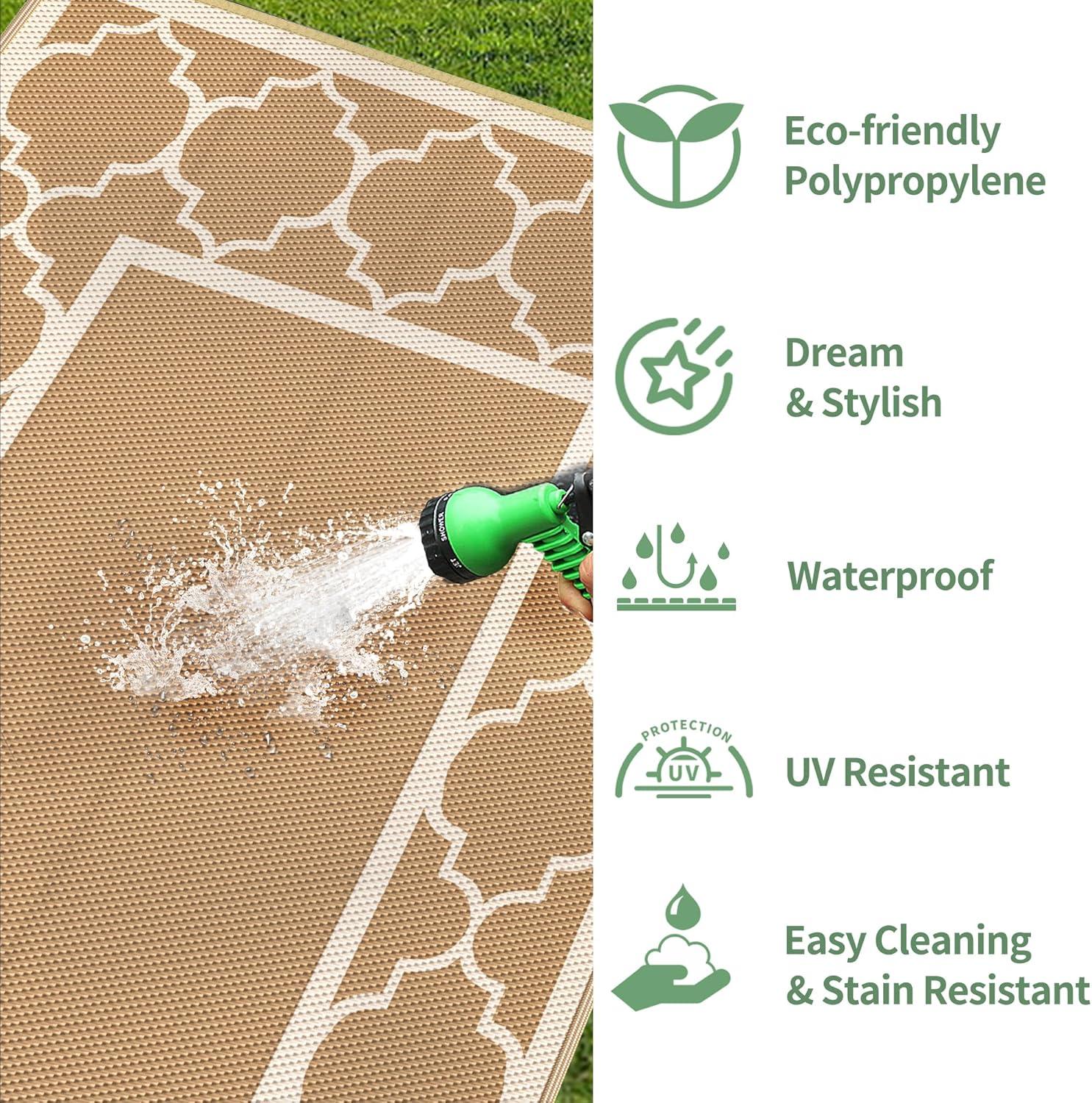 imageGENIMO 5 x 8 Outdoor Rug Waterproof for Patio Decor Foldable Reversible Plastic Straw Area Rugs Mat for Camper Outside Carpet for Rv Deck Porch Picnic Beach Balcony Blue ampamp WhiteBrownbeige