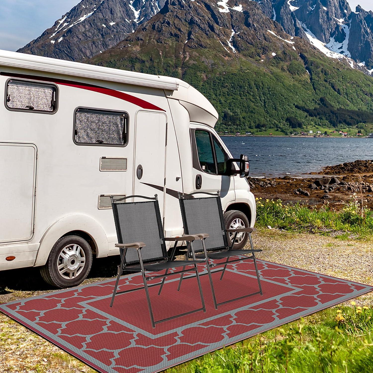 imageGENIMO 5 x 8 Outdoor Rug Waterproof for Patio Decor Foldable Reversible Plastic Straw Area Rugs Mat for Camper Outside Carpet for Rv Deck Porch Picnic Beach Balcony Blue ampamp WhiteRed Grey