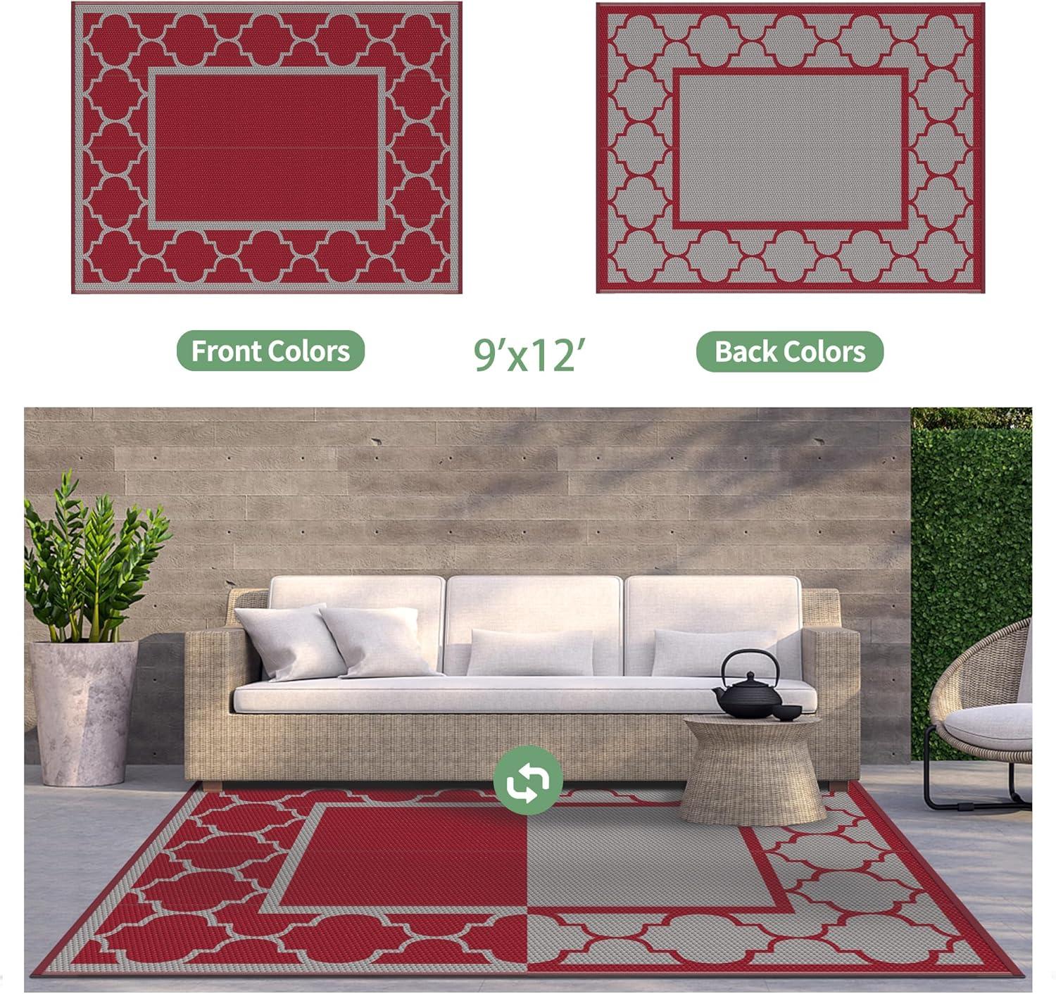 imageGENIMO 5 x 8 Outdoor Rug Waterproof for Patio Decor Foldable Reversible Plastic Straw Area Rugs Mat for Camper Outside Carpet for Rv Deck Porch Picnic Beach Balcony Blue ampamp WhiteRed Grey