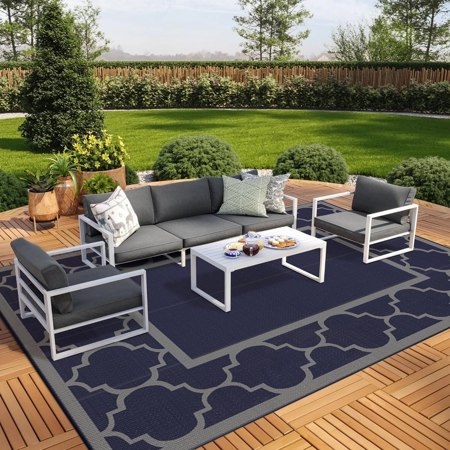 imageGENIMO 5 x 8 Outdoor Rug Waterproof for Patio Decor Foldable Reversible Plastic Straw Area Rugs Mat for Camper Outside Carpet for Rv Deck Porch Picnic Beach Balcony Blue ampamp WhiteBlue Grey