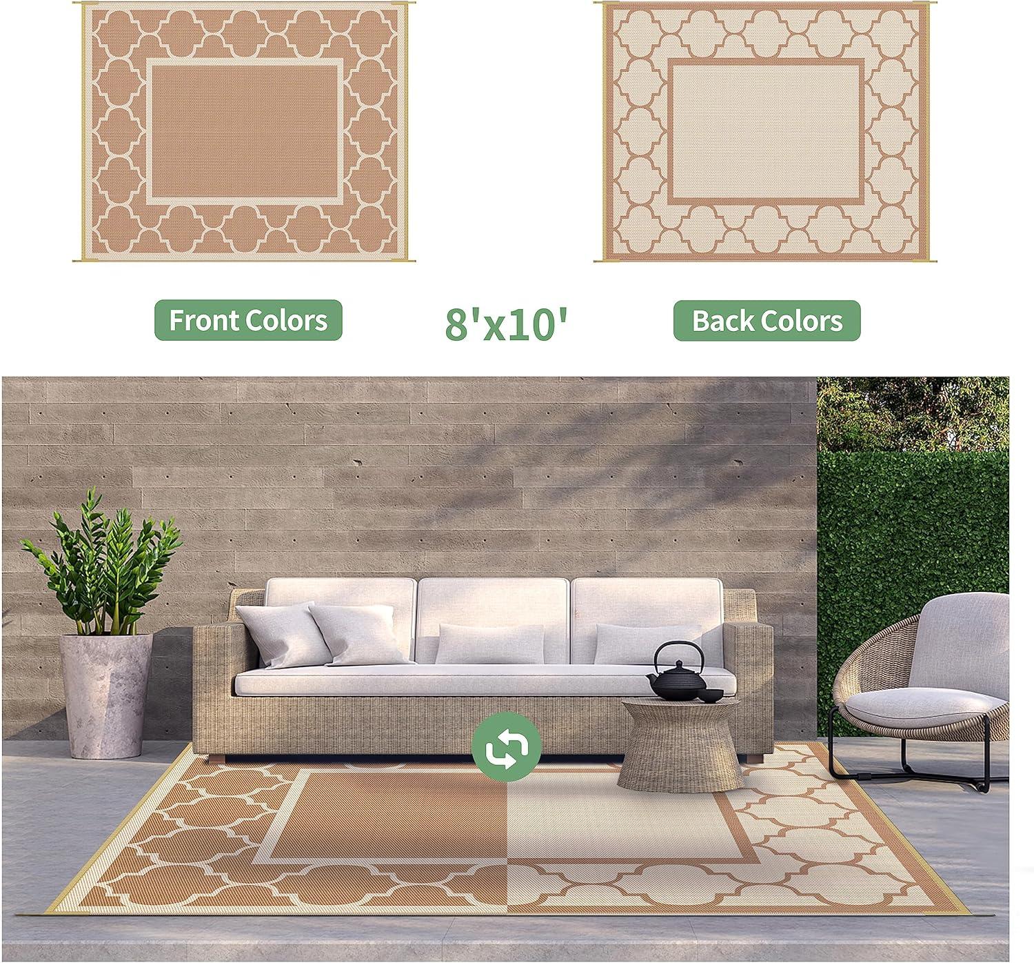 imageGENIMO 5 x 8 Outdoor Rug Waterproof for Patio Decor Foldable Reversible Plastic Straw Area Rugs Mat for Camper Outside Carpet for Rv Deck Porch Picnic Beach Balcony Blue ampamp WhiteBrownbeige