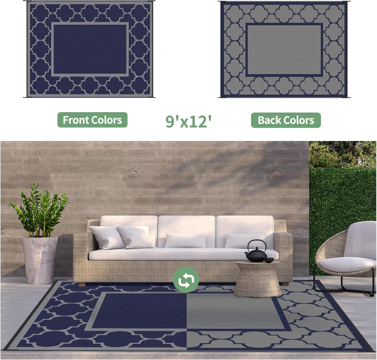 imageGENIMO 5 x 8 Outdoor Rug Waterproof for Patio Decor Foldable Reversible Plastic Straw Area Rugs Mat for Camper Outside Carpet for Rv Deck Porch Picnic Beach Balcony Blue ampamp WhiteBlue Grey