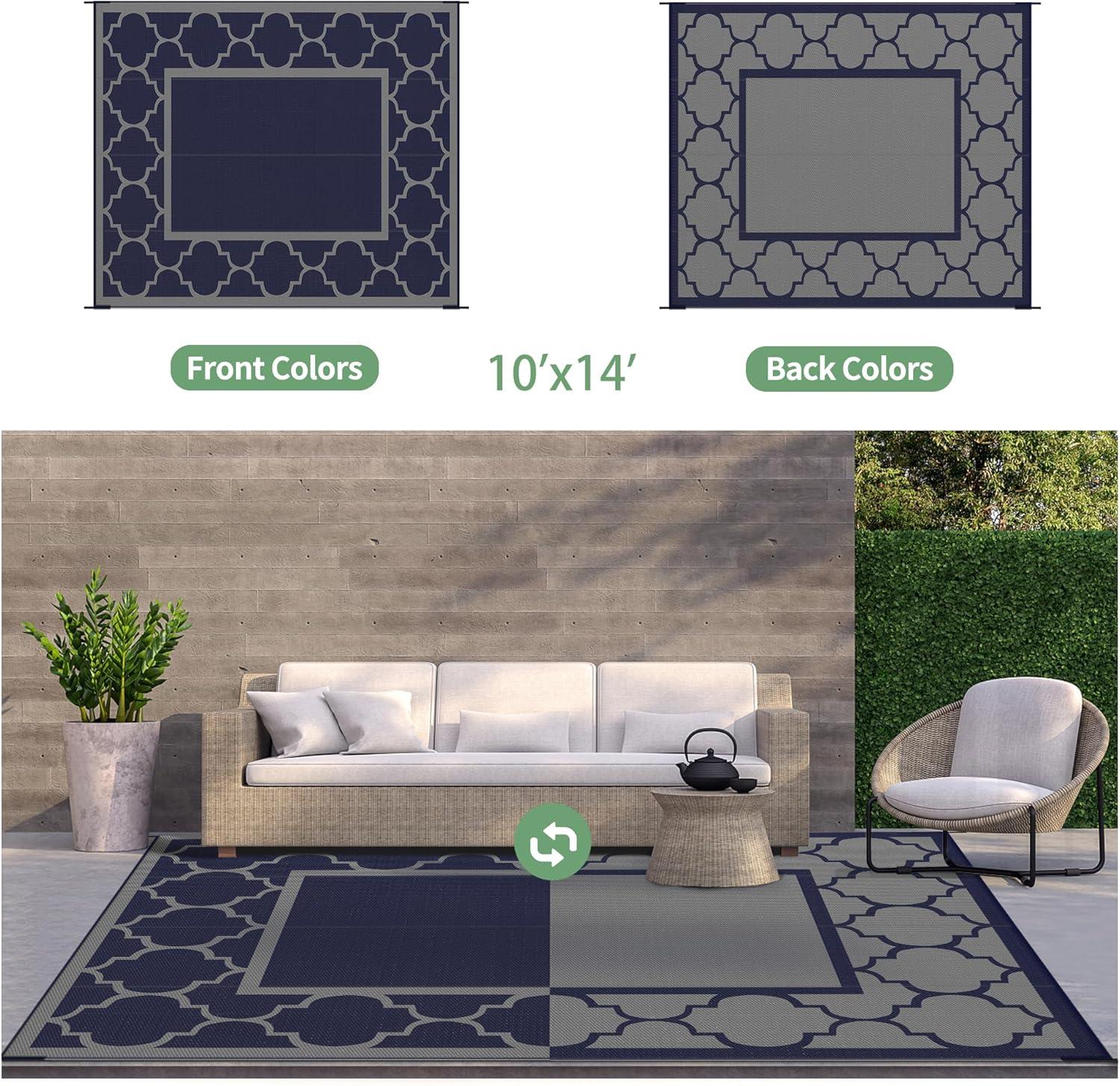 imageGENIMO 5 x 8 Outdoor Rug Waterproof for Patio Decor Foldable Reversible Plastic Straw Area Rugs Mat for Camper Outside Carpet for Rv Deck Porch Picnic Beach Balcony Blue ampamp WhiteBlue Grey