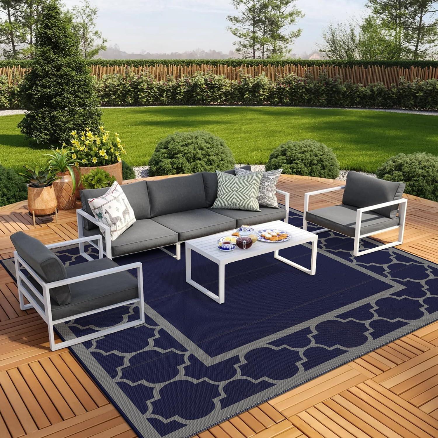 imageGENIMO 5 x 8 Outdoor Rug Waterproof for Patio Decor Foldable Reversible Plastic Straw Area Rugs Mat for Camper Outside Carpet for Rv Deck Porch Picnic Beach Balcony Blue ampamp WhiteBlue Grey