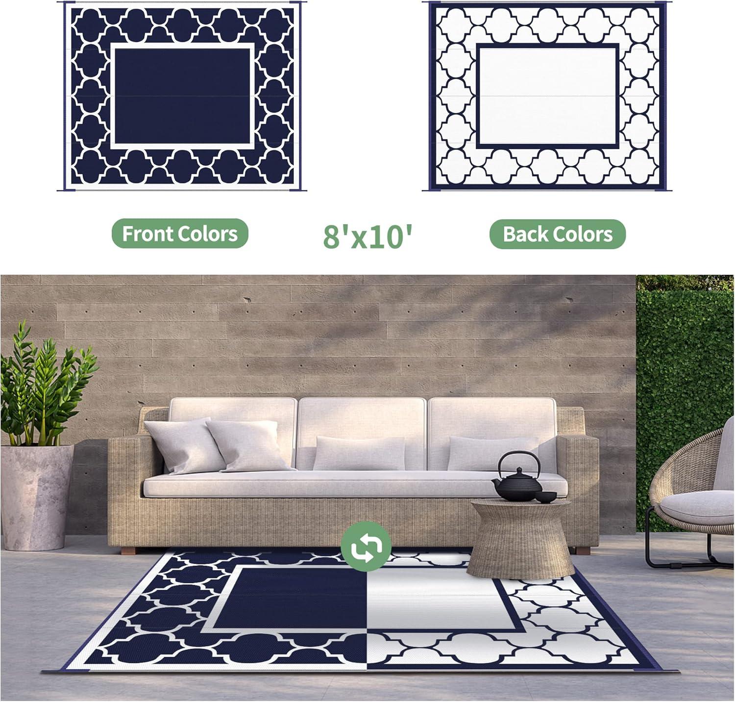 imageGENIMO 5 x 8 Outdoor Rug Waterproof for Patio Decor Foldable Reversible Plastic Straw Area Rugs Mat for Camper Outside Carpet for Rv Deck Porch Picnic Beach Balcony Blue ampamp WhiteNavy Blue White