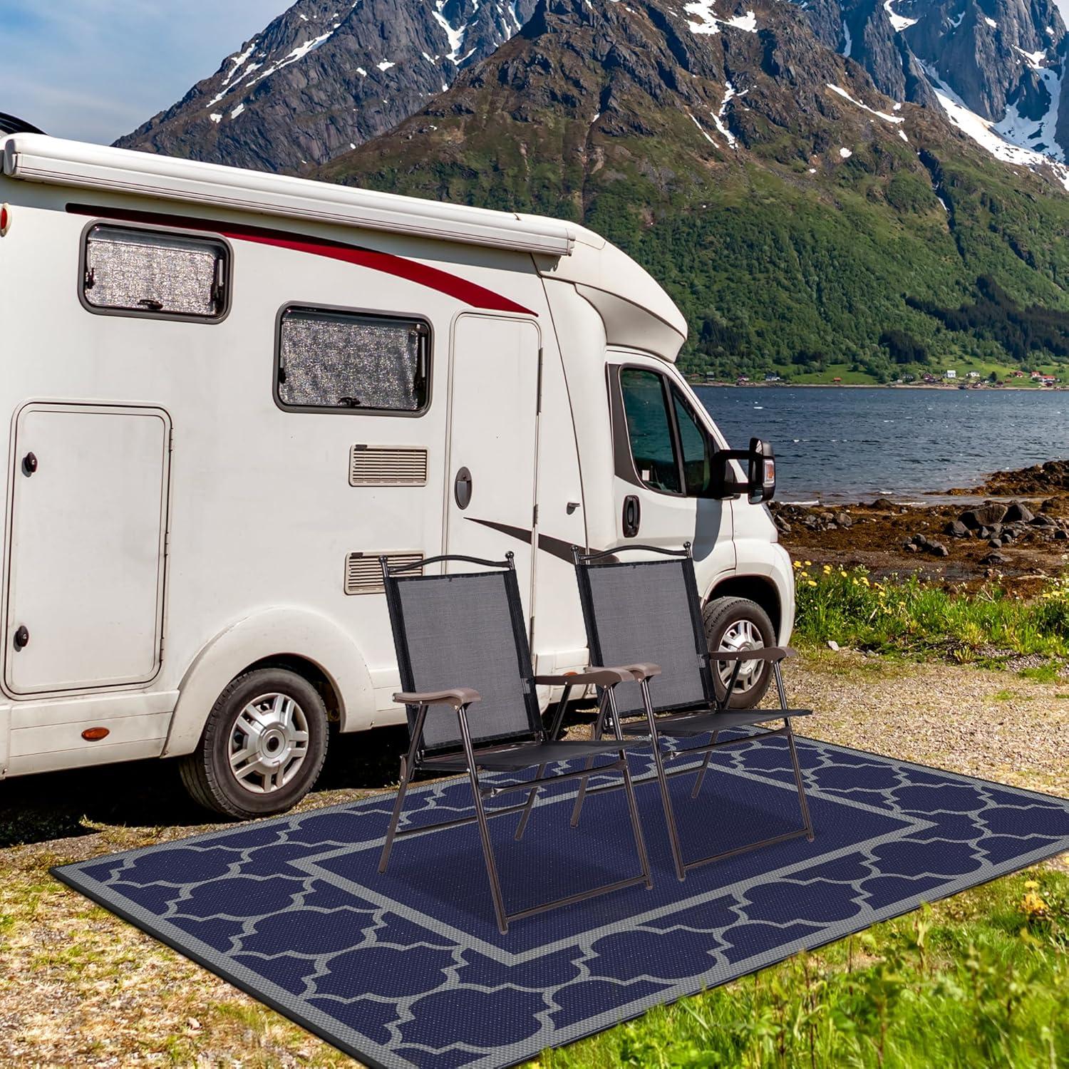 imageGENIMO 5 x 8 Outdoor Rug Waterproof for Patio Decor Foldable Reversible Plastic Straw Area Rugs Mat for Camper Outside Carpet for Rv Deck Porch Picnic Beach Balcony Blue ampamp WhiteBlue Grey