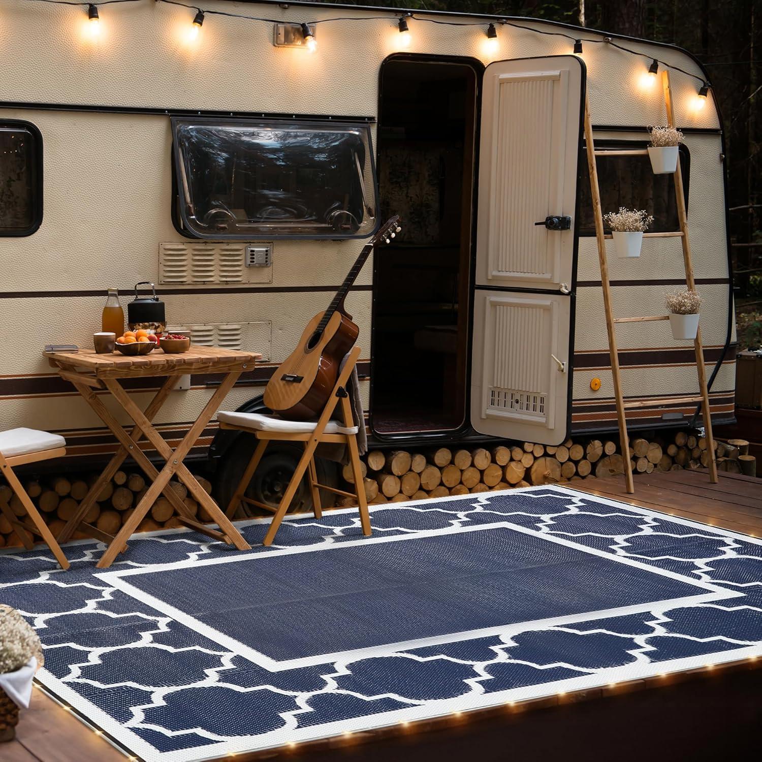 imageGENIMO 5 x 8 Outdoor Rug Waterproof for Patio Decor Foldable Reversible Plastic Straw Area Rugs Mat for Camper Outside Carpet for Rv Deck Porch Picnic Beach Balcony Blue ampamp WhiteBlue White Led