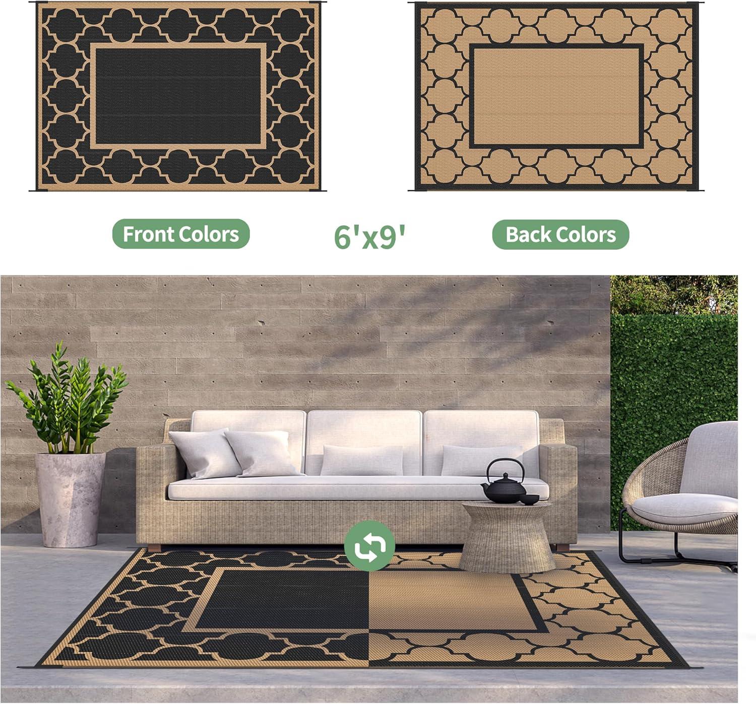 imageGENIMO 5 x 8 Outdoor Rug Waterproof for Patio Decor Foldable Reversible Plastic Straw Area Rugs Mat for Camper Outside Carpet for Rv Deck Porch Picnic Beach Balcony Blue ampamp WhiteBlackbrown