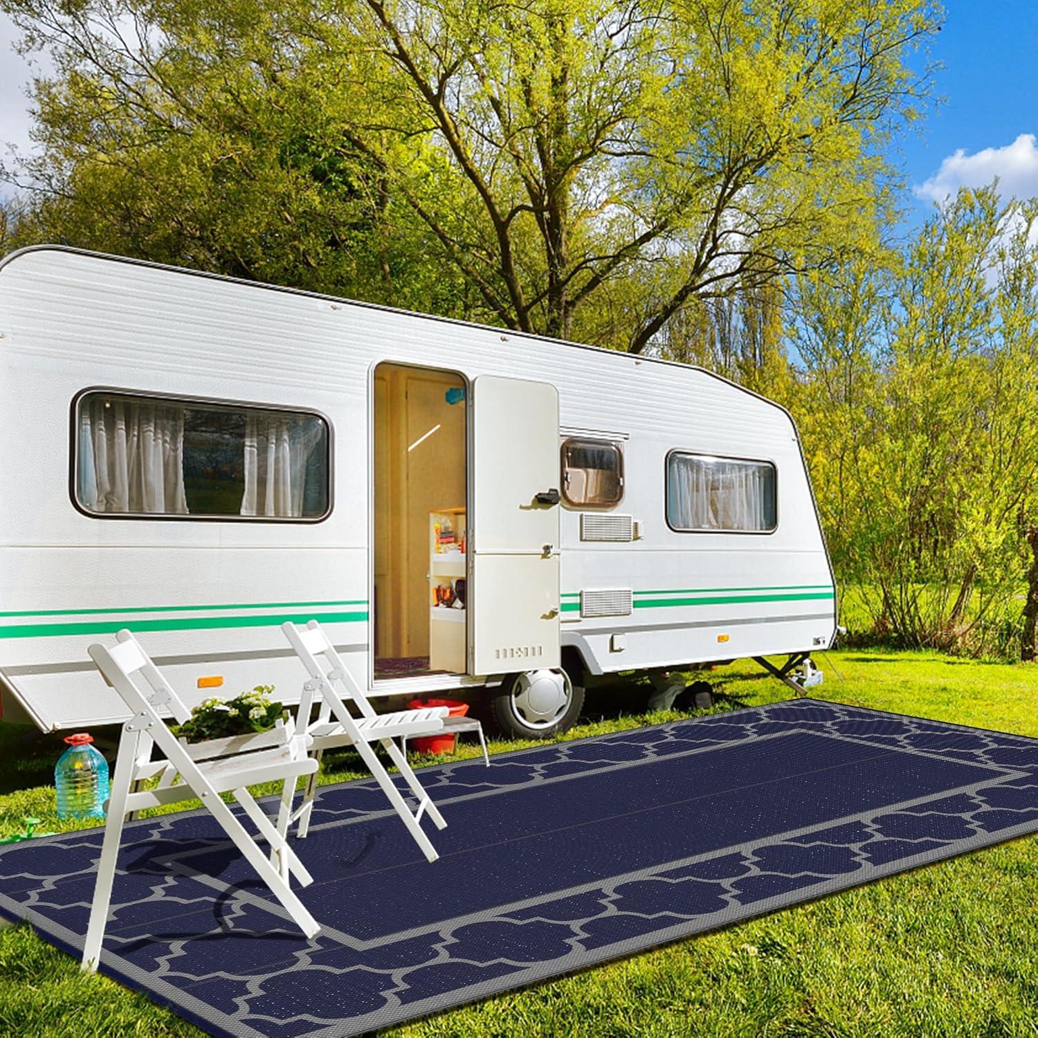 imageGENIMO 5 x 8 Outdoor Rug Waterproof for Patio Decor Foldable Reversible Plastic Straw Area Rugs Mat for Camper Outside Carpet for Rv Deck Porch Picnic Beach Balcony Blue ampamp WhiteBlue Grey