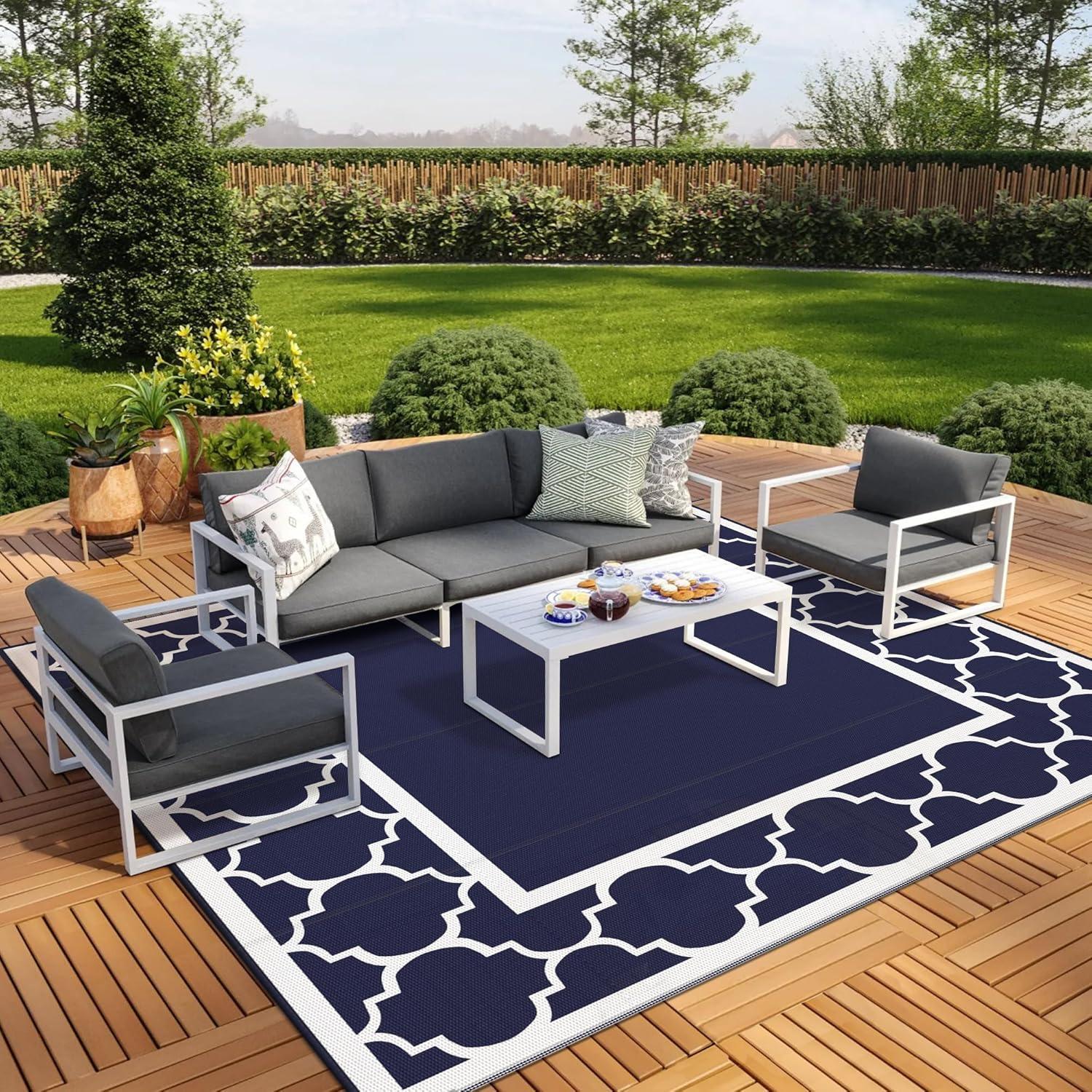 imageGENIMO 5 x 8 Outdoor Rug Waterproof for Patio Decor Foldable Reversible Plastic Straw Area Rugs Mat for Camper Outside Carpet for Rv Deck Porch Picnic Beach Balcony Blue ampamp WhiteNavy Blue White