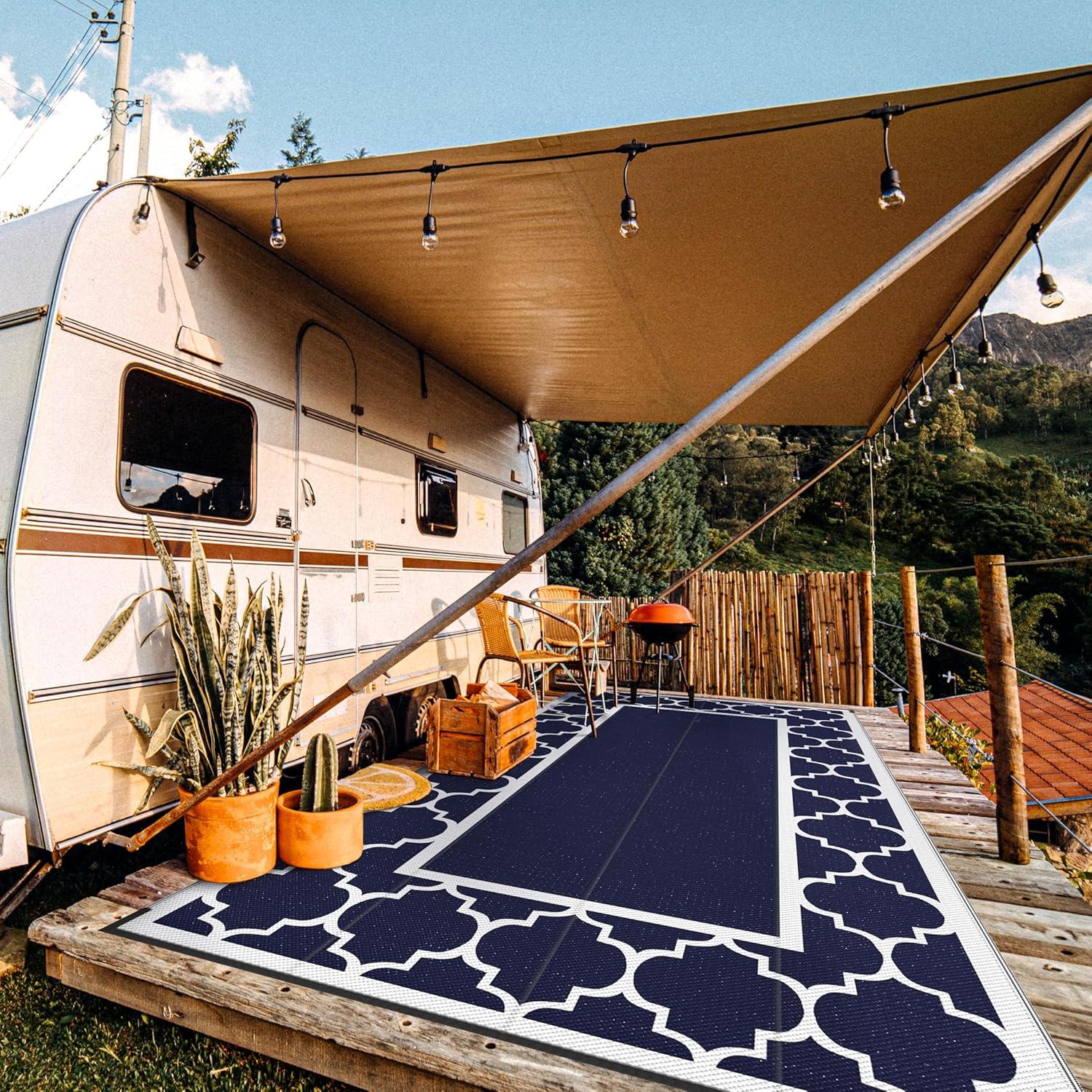 imageGENIMO 5 x 8 Outdoor Rug Waterproof for Patio Decor Foldable Reversible Plastic Straw Area Rugs Mat for Camper Outside Carpet for Rv Deck Porch Picnic Beach Balcony Blue ampamp WhiteNavy Blue White