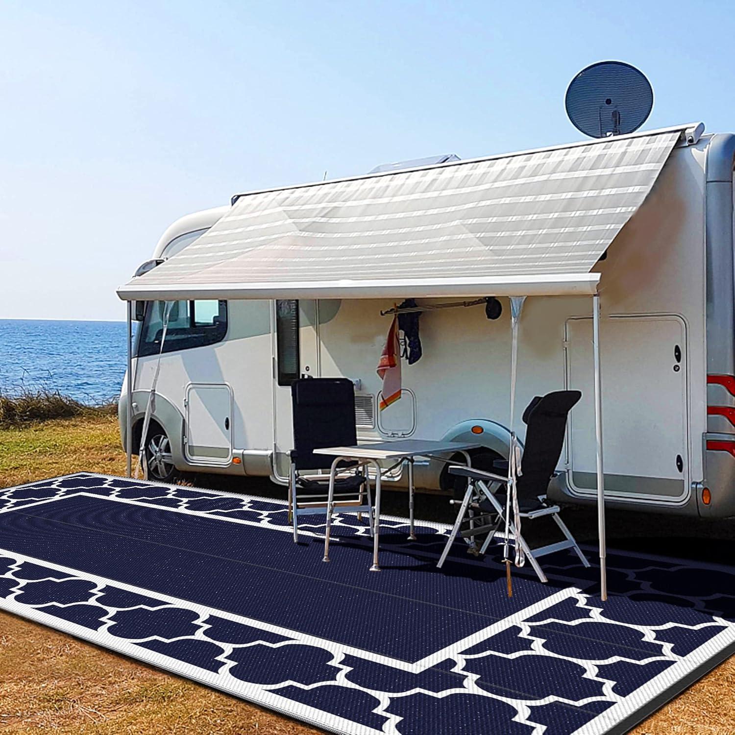 imageGENIMO 5 x 8 Outdoor Rug Waterproof for Patio Decor Foldable Reversible Plastic Straw Area Rugs Mat for Camper Outside Carpet for Rv Deck Porch Picnic Beach Balcony Blue ampamp WhiteNavy Blue White