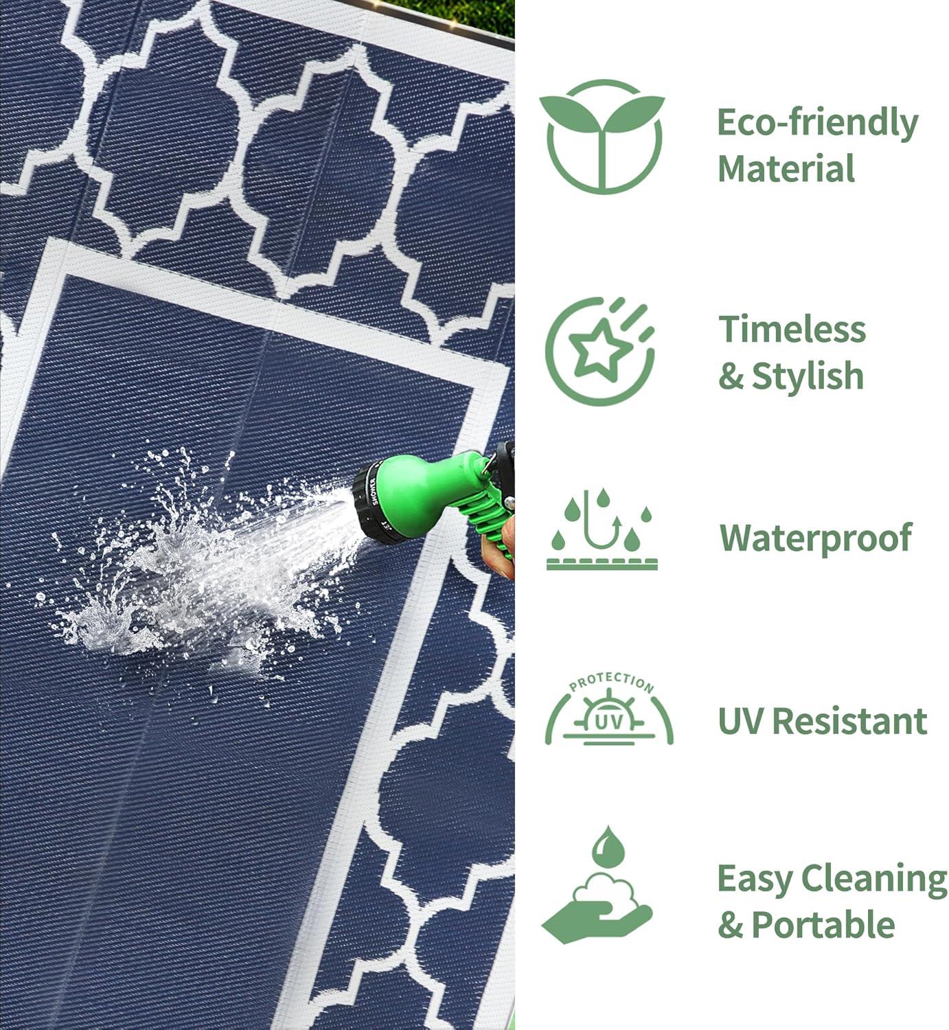 imageGENIMO 5 x 8 Outdoor Rug Waterproof for Patio Decor Foldable Reversible Plastic Straw Area Rugs Mat for Camper Outside Carpet for Rv Deck Porch Picnic Beach Balcony Blue ampamp WhiteBlue White Led