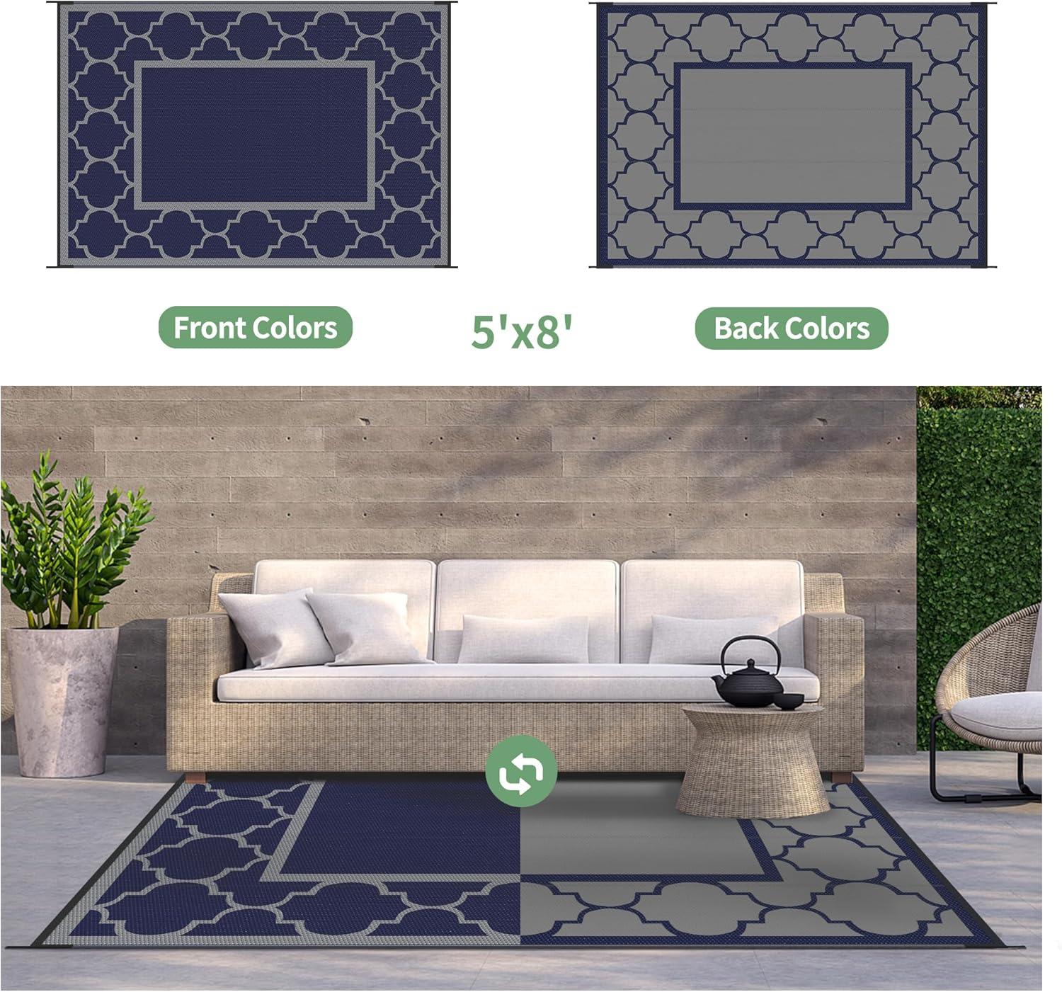 imageGENIMO 5 x 8 Outdoor Rug Waterproof for Patio Decor Foldable Reversible Plastic Straw Area Rugs Mat for Camper Outside Carpet for Rv Deck Porch Picnic Beach Balcony Blue ampamp WhiteBlue Grey