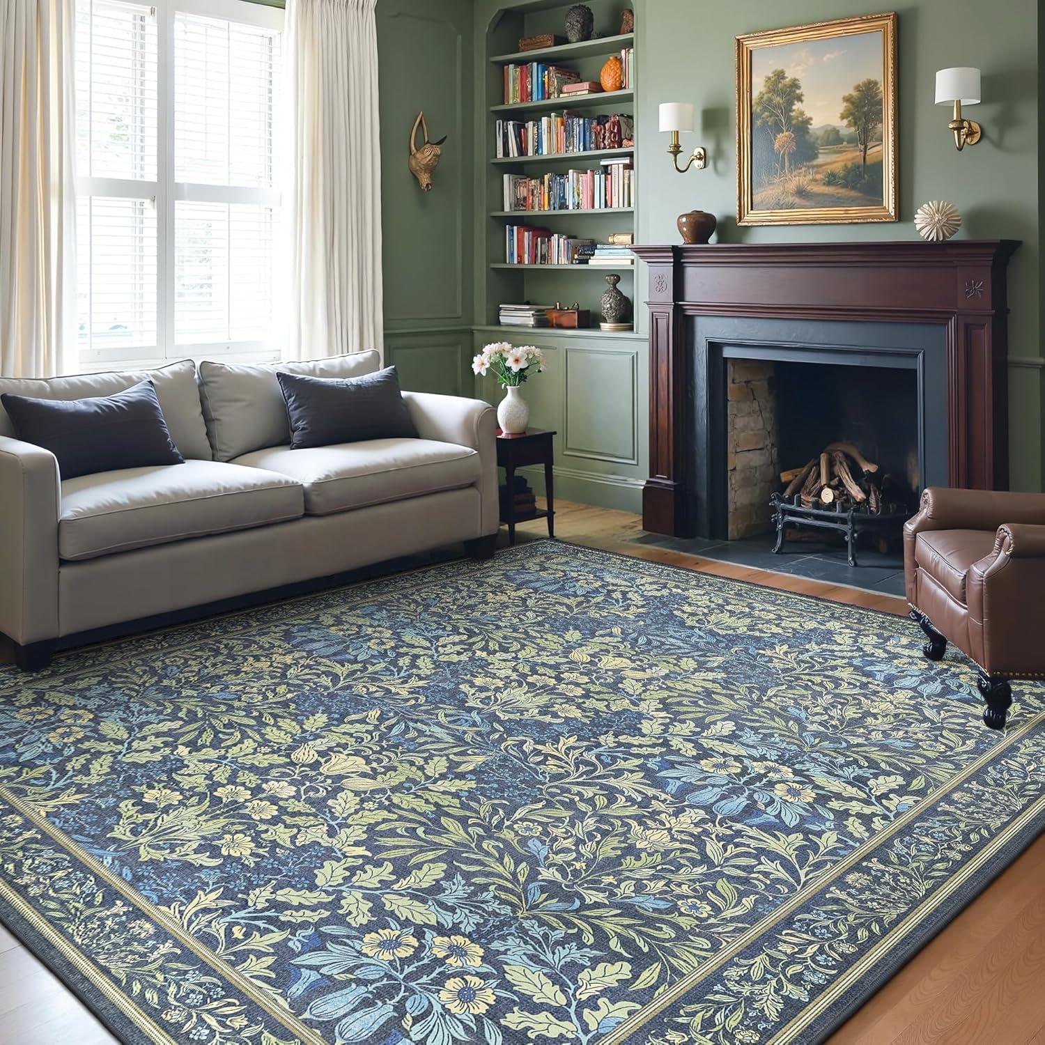imageGENIMO 6x9 Washable Area Rug NonSlip Vintage Boho Floral Carpet Soft LowPile Thin Living Room Rug for Bedroom Dining Room Nursery Dark GreenDark Blue