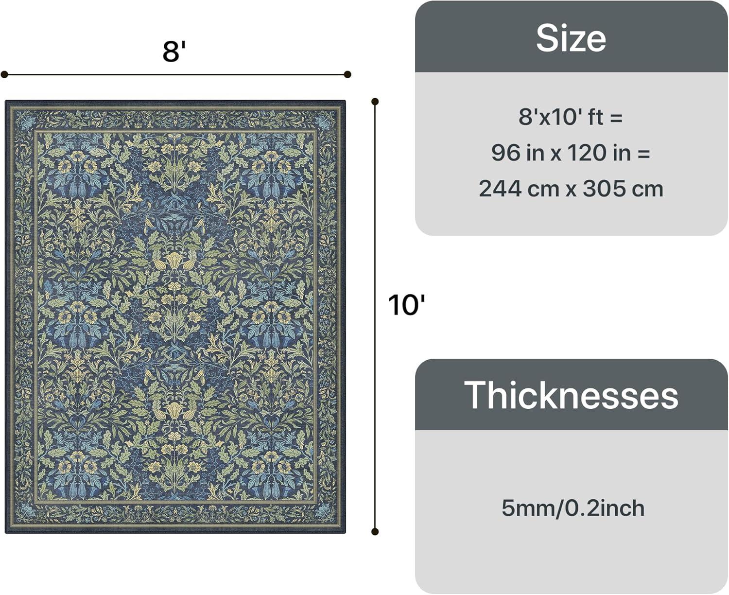 imageGENIMO 6x9 Washable Area Rug NonSlip Vintage Boho Floral Carpet Soft LowPile Thin Living Room Rug for Bedroom Dining Room Nursery Dark GreenDark Blue
