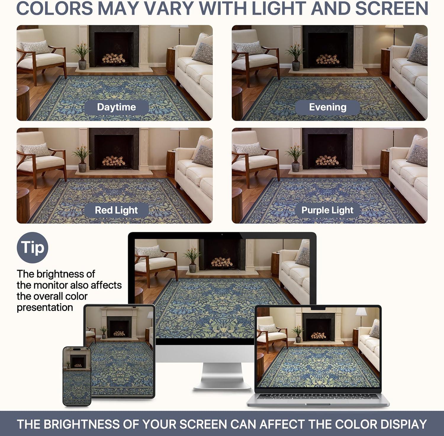 imageGENIMO 6x9 Washable Area Rug NonSlip Vintage Boho Floral Carpet Soft LowPile Thin Living Room Rug for Bedroom Dining Room Nursery Dark GreenDark Blue