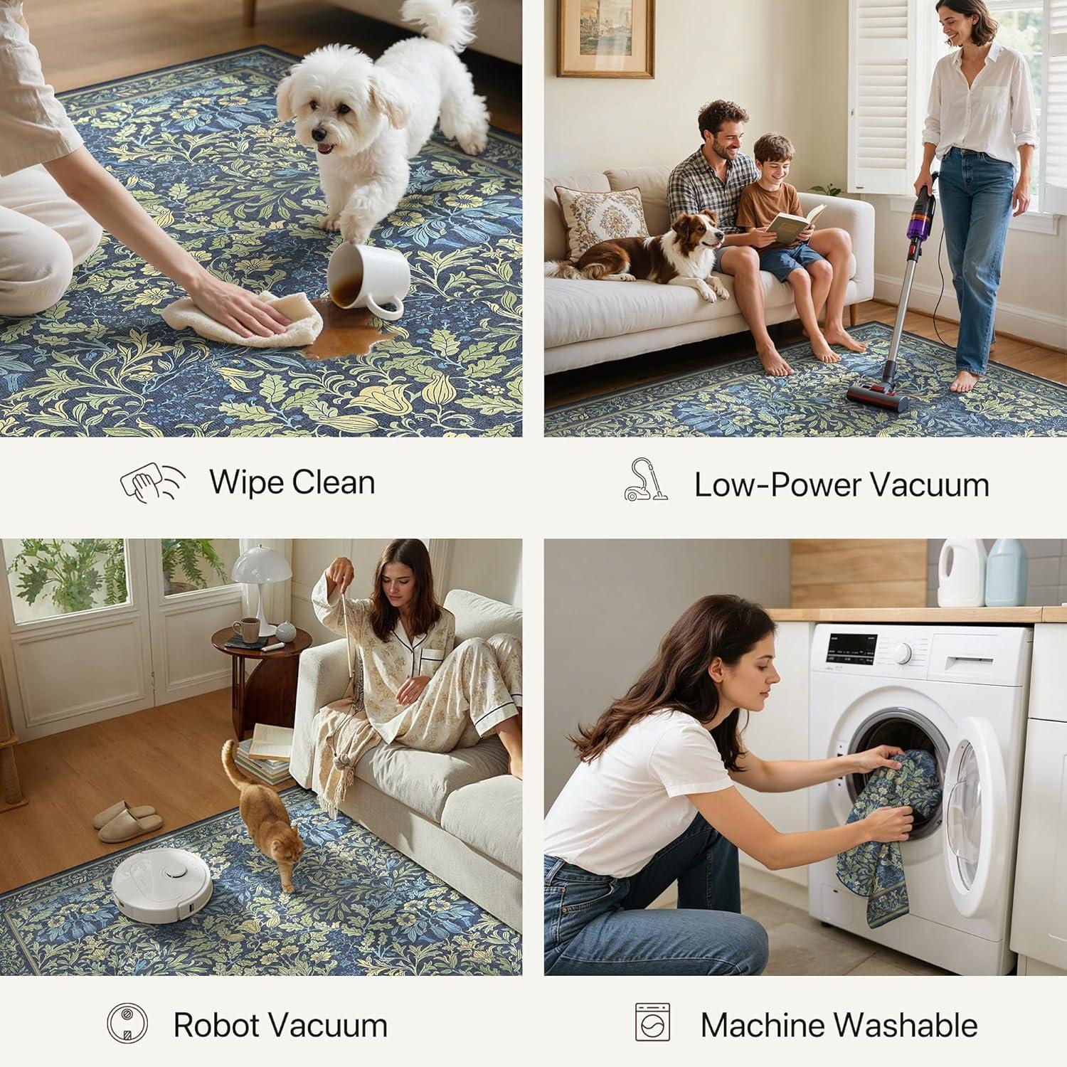 imageGENIMO 6x9 Washable Area Rug NonSlip Vintage Boho Floral Carpet Soft LowPile Thin Living Room Rug for Bedroom Dining Room Nursery Dark GreenDark Blue