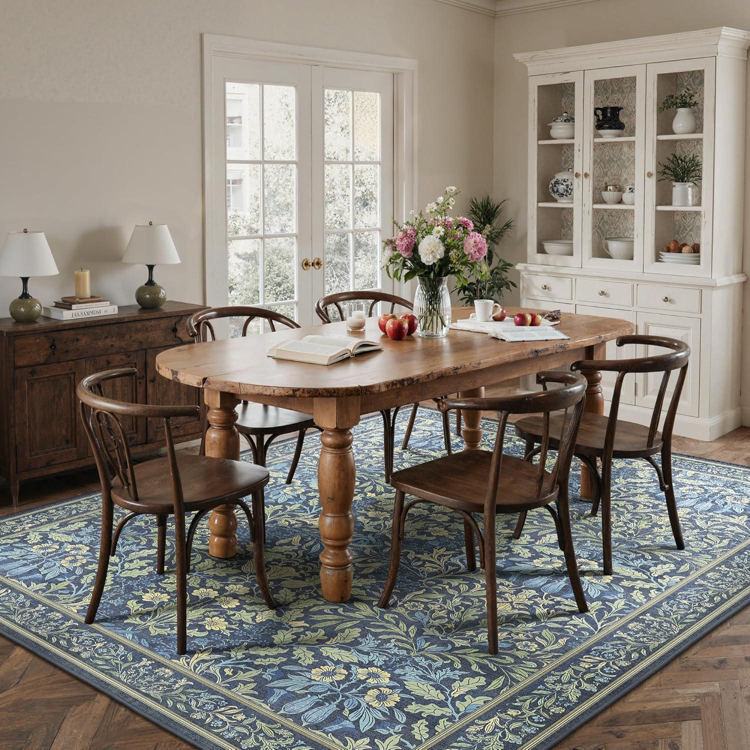imageGENIMO 6x9 Washable Area Rug NonSlip Vintage Boho Floral Carpet Soft LowPile Thin Living Room Rug for Bedroom Dining Room Nursery Dark GreenDark Blue