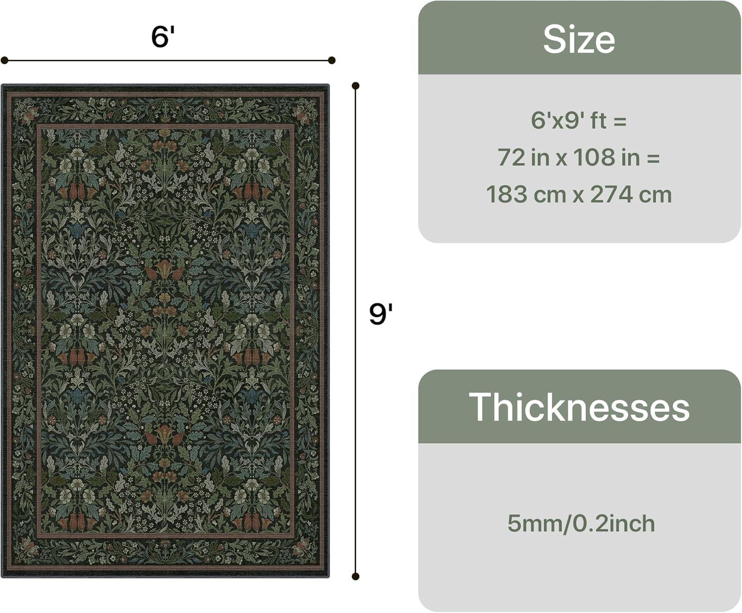 imageGENIMO 6x9 Washable Area Rug NonSlip Vintage Boho Floral Carpet Soft LowPile Thin Living Room Rug for Bedroom Dining Room Nursery Dark GreenDark Green