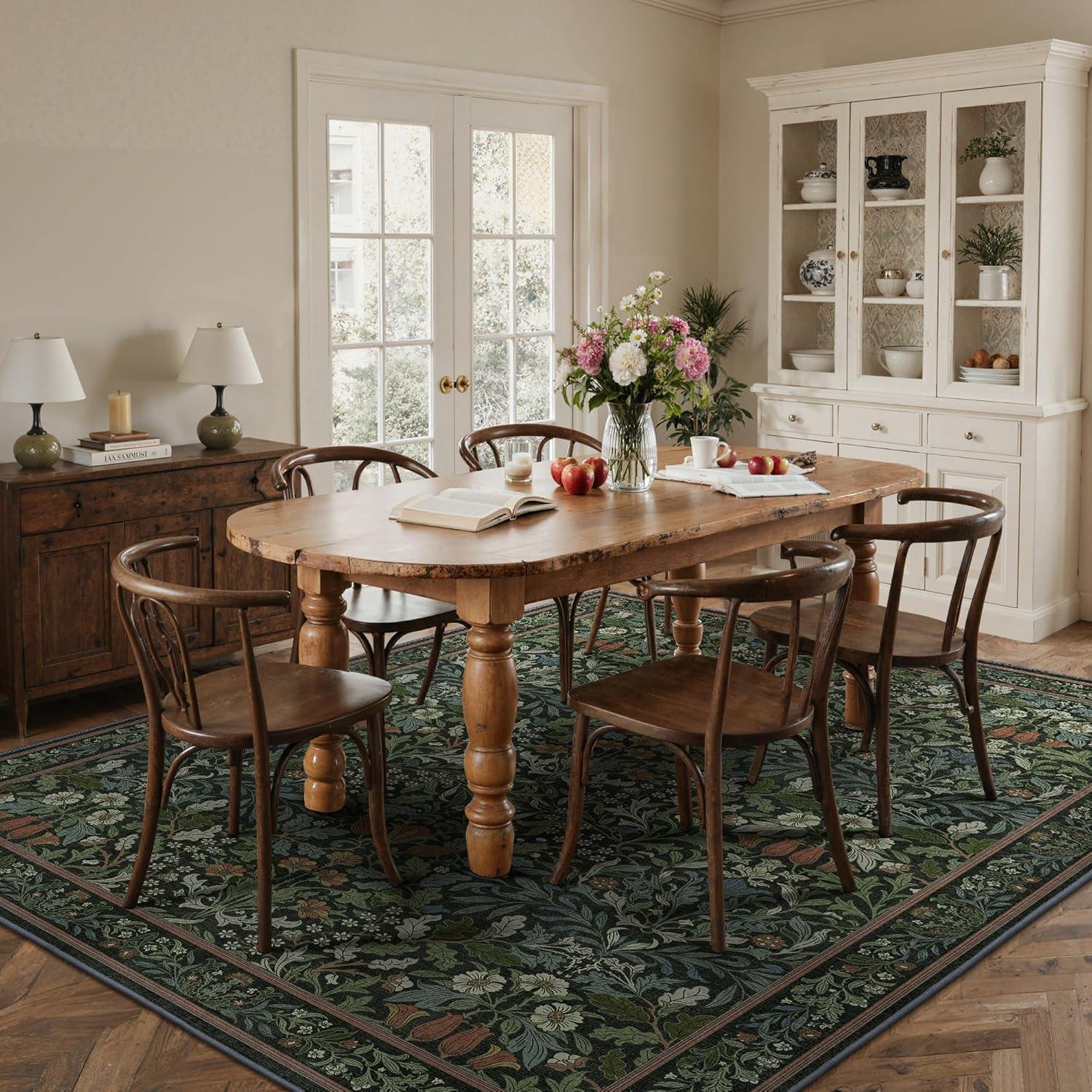 imageGENIMO 6x9 Washable Area Rug NonSlip Vintage Boho Floral Carpet Soft LowPile Thin Living Room Rug for Bedroom Dining Room Nursery Dark GreenDark Green