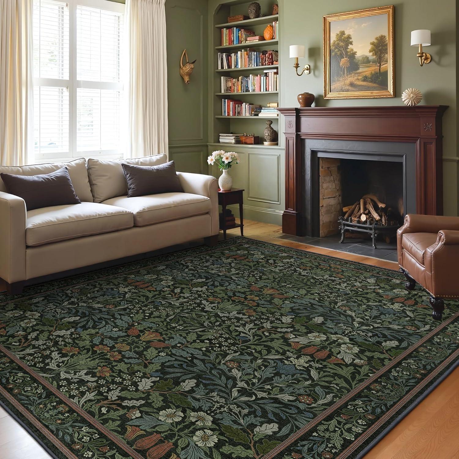 imageGENIMO 6x9 Washable Area Rug NonSlip Vintage Boho Floral Carpet Soft LowPile Thin Living Room Rug for Bedroom Dining Room Nursery Dark GreenDark Green