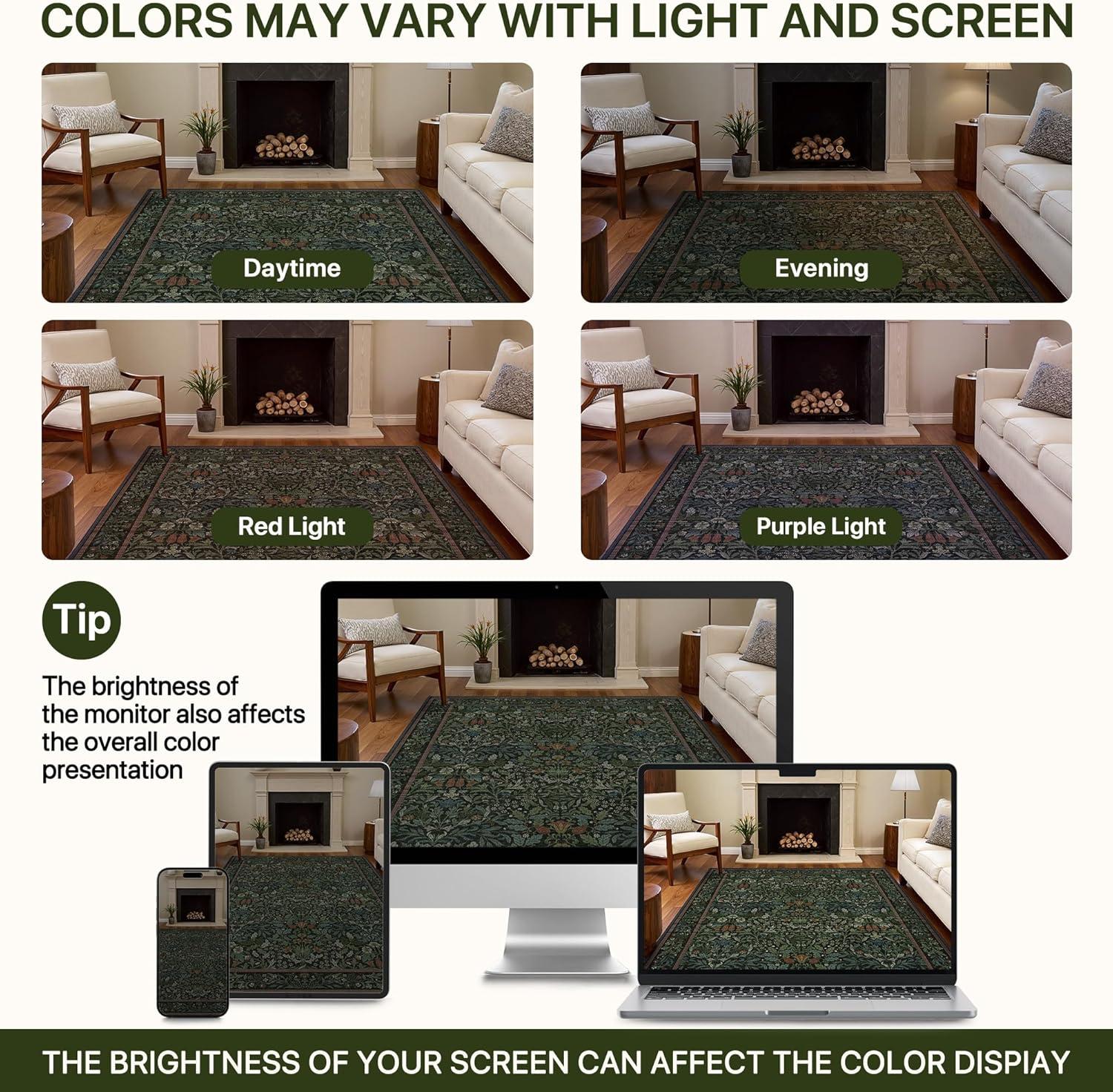 imageGENIMO 6x9 Washable Area Rug NonSlip Vintage Boho Floral Carpet Soft LowPile Thin Living Room Rug for Bedroom Dining Room Nursery Dark GreenDark Green