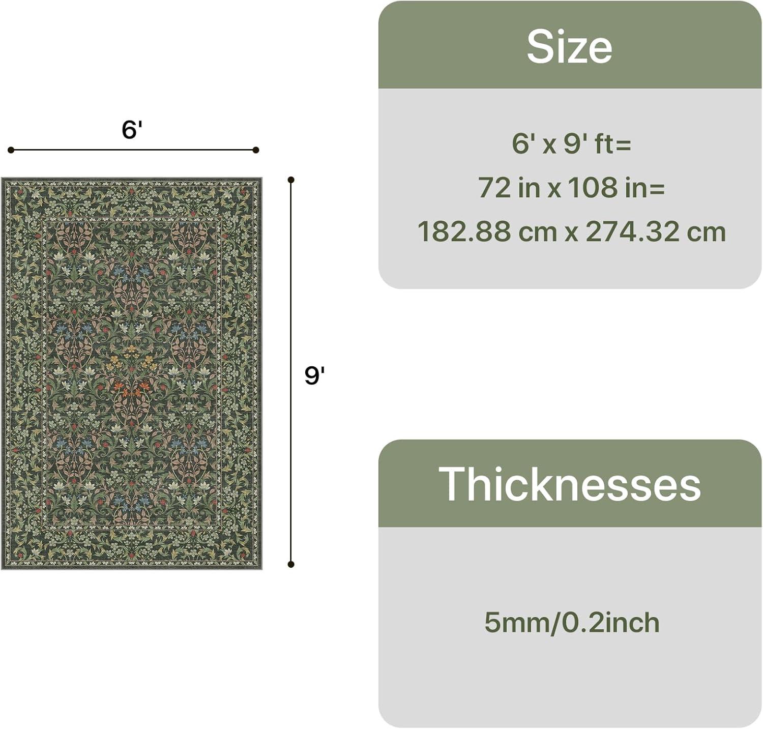 imageGENIMO 6x9 Washable Area Rug NonSlip Vintage Boho Floral Carpet Soft LowPile Thin Living Room Rug for Bedroom Dining Room Nursery Dark GreenEmerald Green
