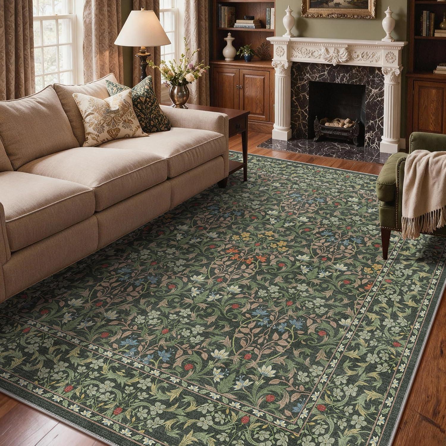imageGENIMO 6x9 Washable Area Rug NonSlip Vintage Boho Floral Carpet Soft LowPile Thin Living Room Rug for Bedroom Dining Room Nursery Dark GreenEmerald Green