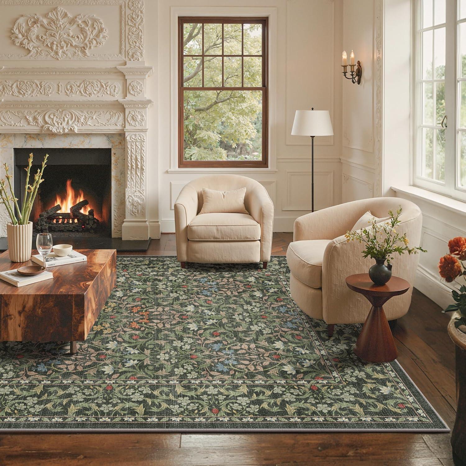 imageGENIMO 6x9 Washable Area Rug NonSlip Vintage Boho Floral Carpet Soft LowPile Thin Living Room Rug for Bedroom Dining Room Nursery Dark GreenEmerald Green
