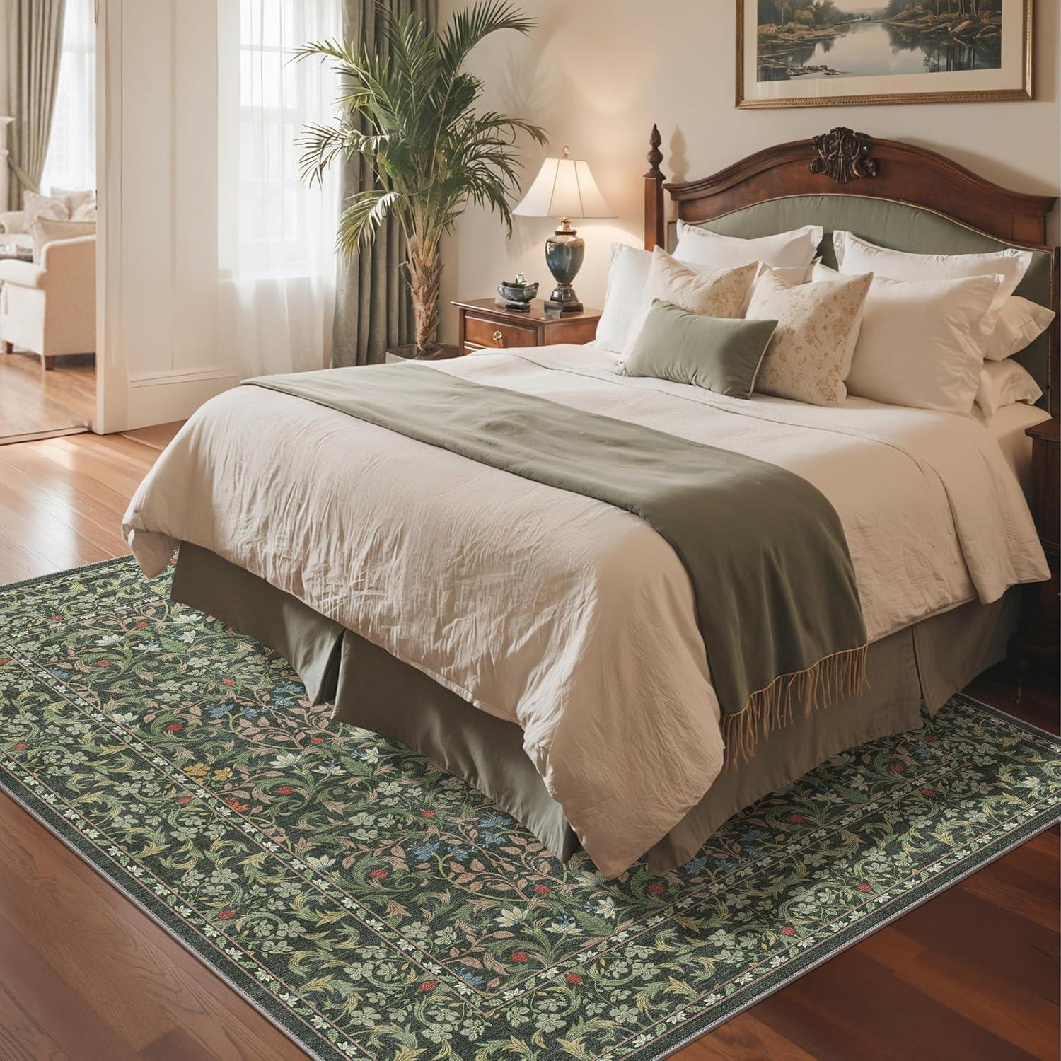 imageGENIMO 6x9 Washable Area Rug NonSlip Vintage Boho Floral Carpet Soft LowPile Thin Living Room Rug for Bedroom Dining Room Nursery Dark GreenEmerald Green