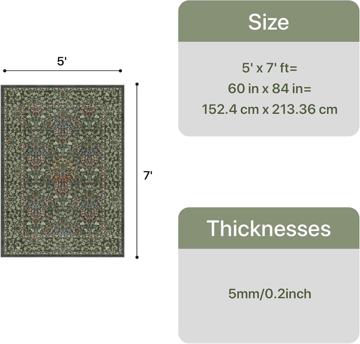 imageGENIMO 6x9 Washable Area Rug NonSlip Vintage Boho Floral Carpet Soft LowPile Thin Living Room Rug for Bedroom Dining Room Nursery Dark GreenEmerald Green
