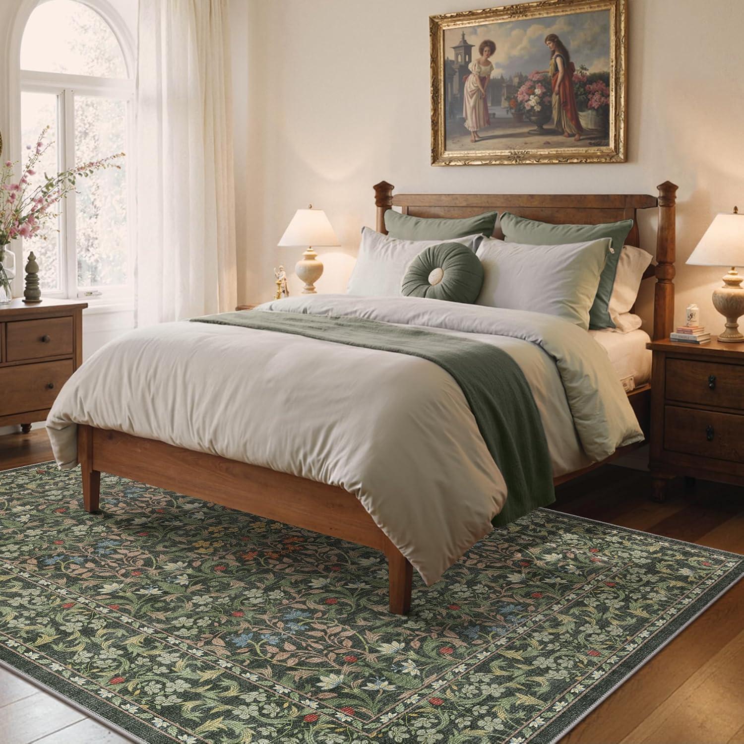 imageGENIMO 6x9 Washable Area Rug NonSlip Vintage Boho Floral Carpet Soft LowPile Thin Living Room Rug for Bedroom Dining Room Nursery Dark GreenEmerald Green