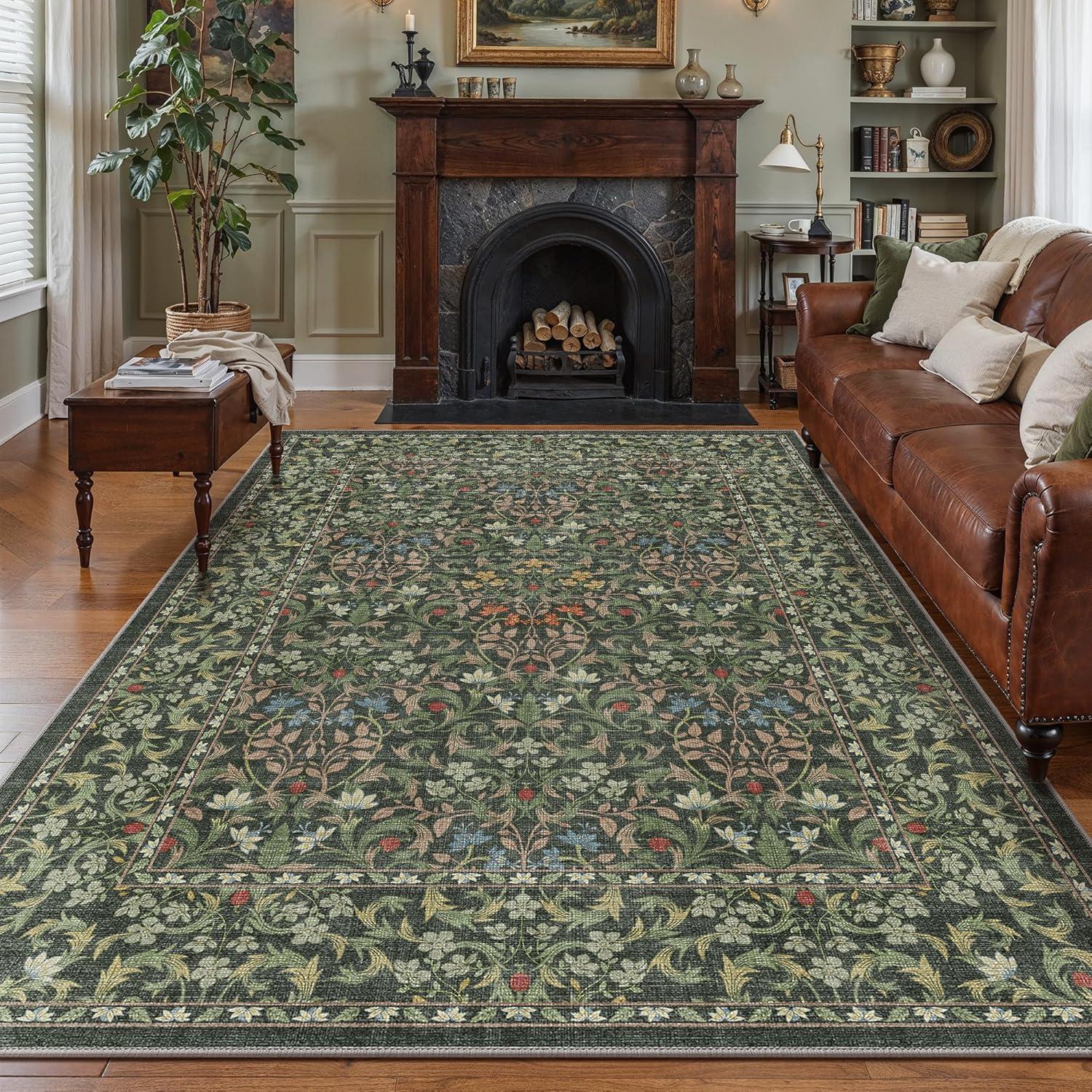 imageGENIMO 6x9 Washable Area Rug NonSlip Vintage Boho Floral Carpet Soft LowPile Thin Living Room Rug for Bedroom Dining Room Nursery Dark GreenEmerald Green